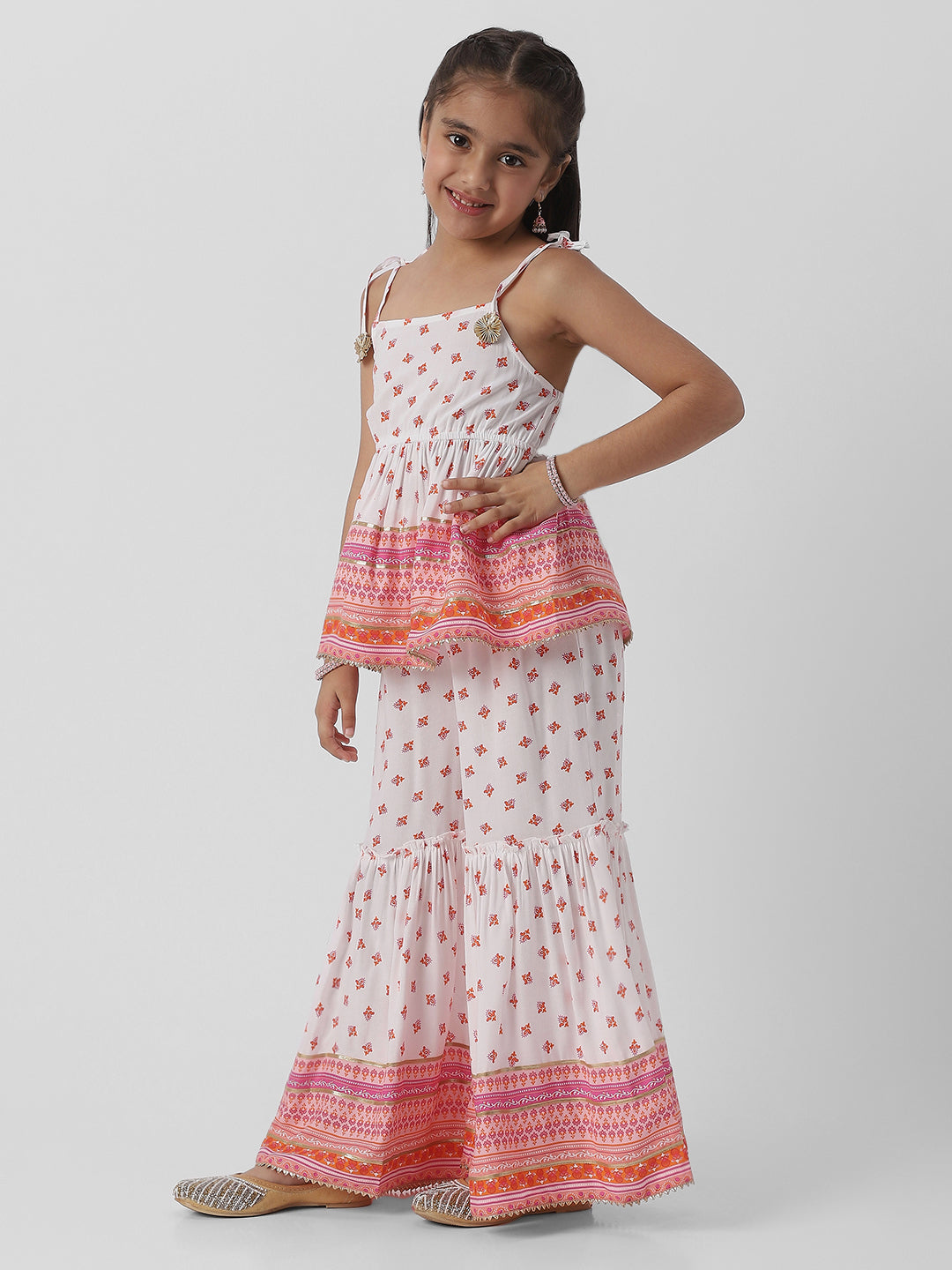 Nautinati Girls Block Print Fusion Set With Tassels, Gota Trims and Flared Silhouette
