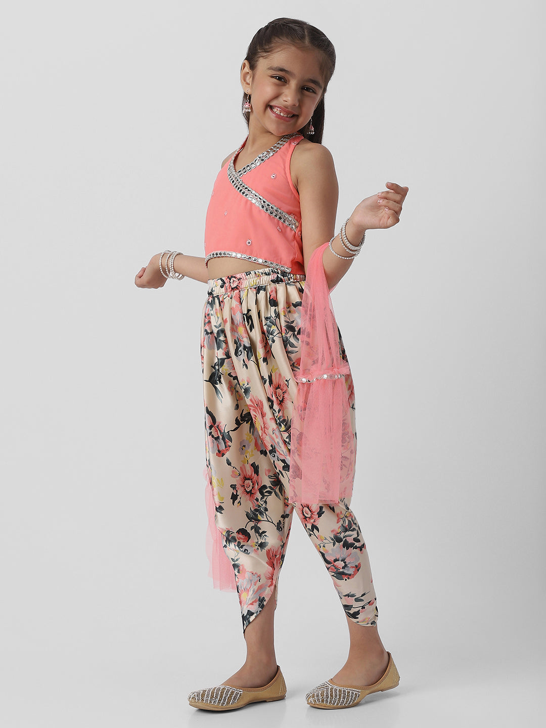Nautinati Girls Halter Neck Mirror Lace Top and Printed Patiala Pants with Net Dupatta