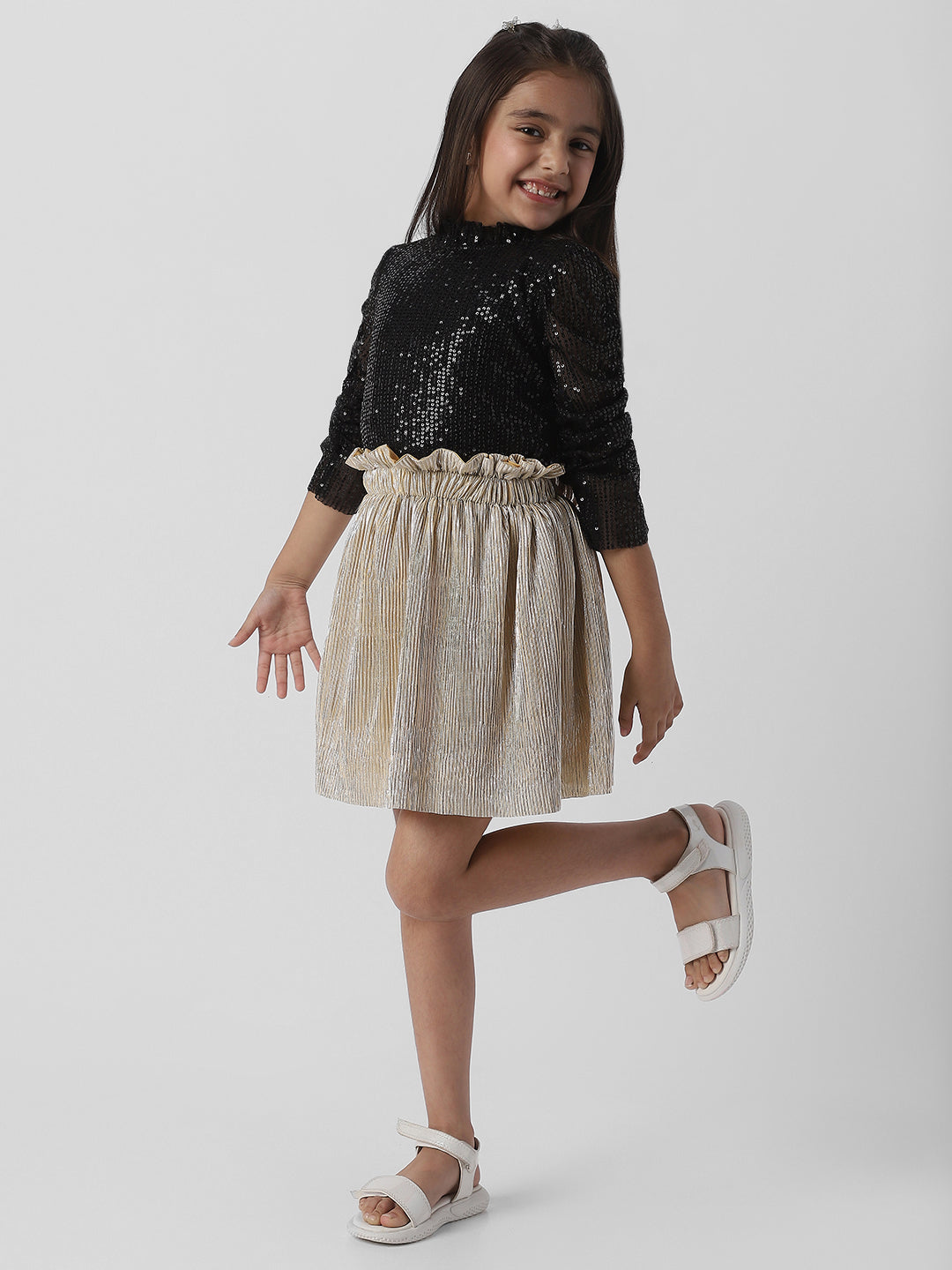 Nautinati Girls Frilled Neckline Stylised Sleeve Sequin Partywear Combo Set of Top and Skirt