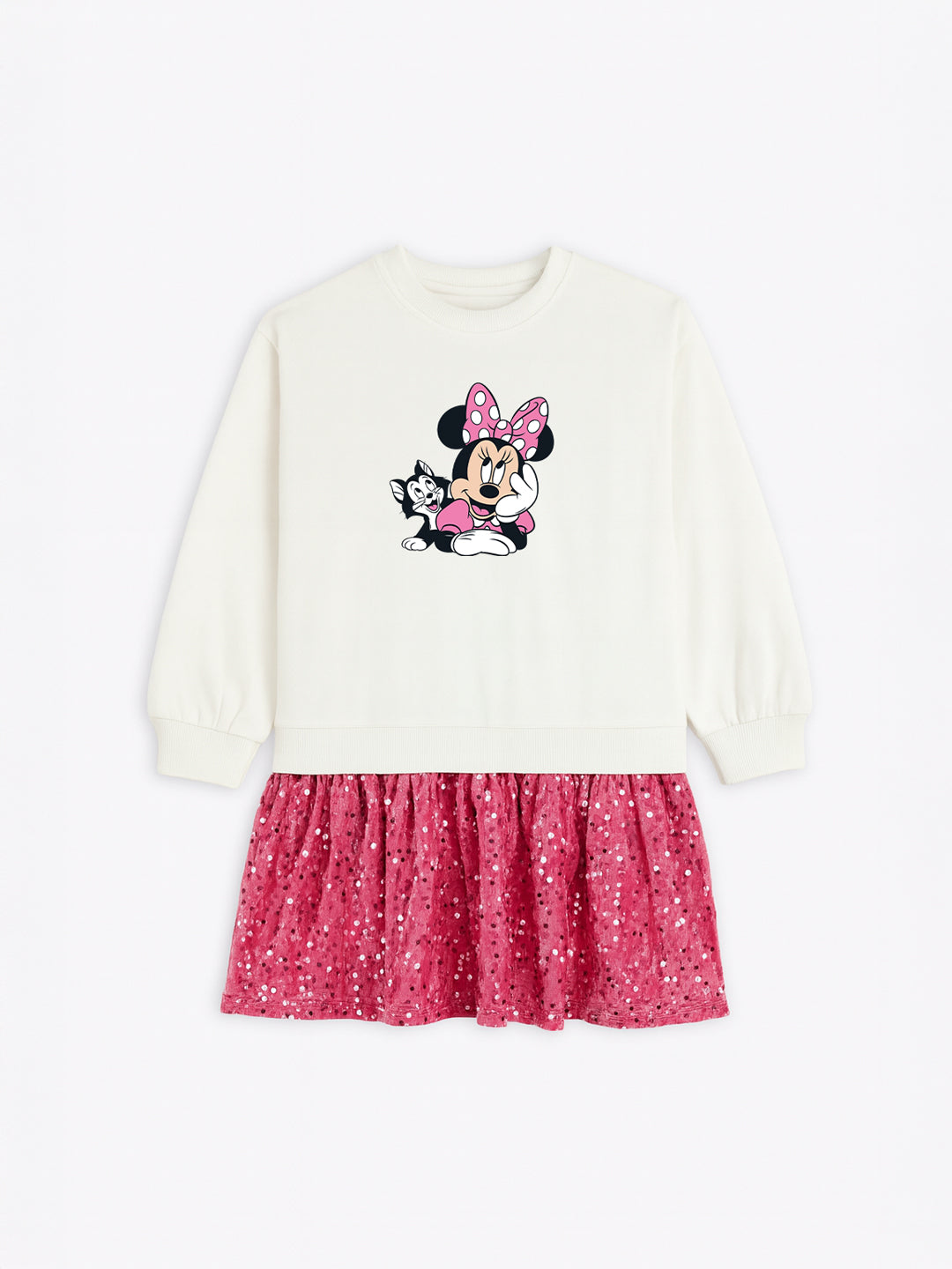 Nautinati White and Pink Minnie Mouse Print Sweatshirt Dress for Girls