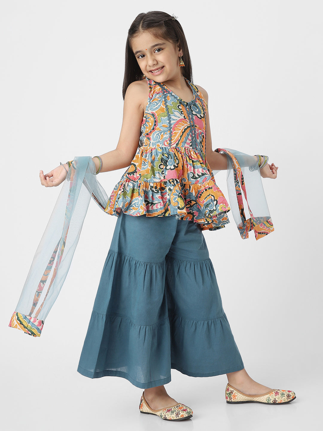Nautinati Girls' Printed Kurti Sharara Set With Dupatta