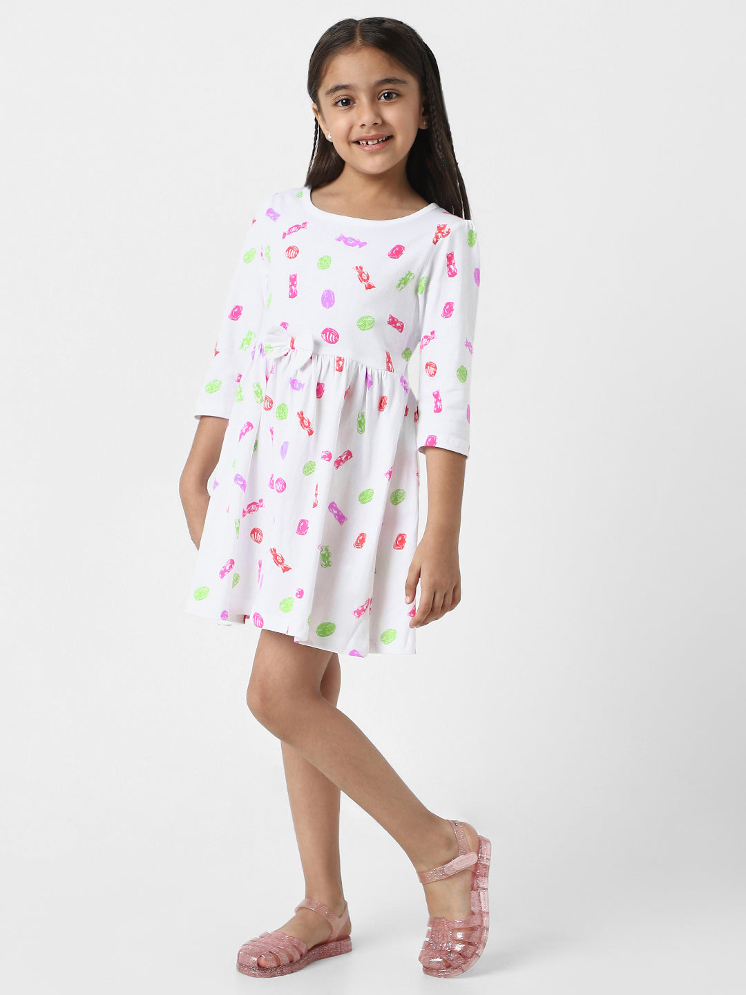Nautinati Girls’ White Jersey Cotton Printed Dress
