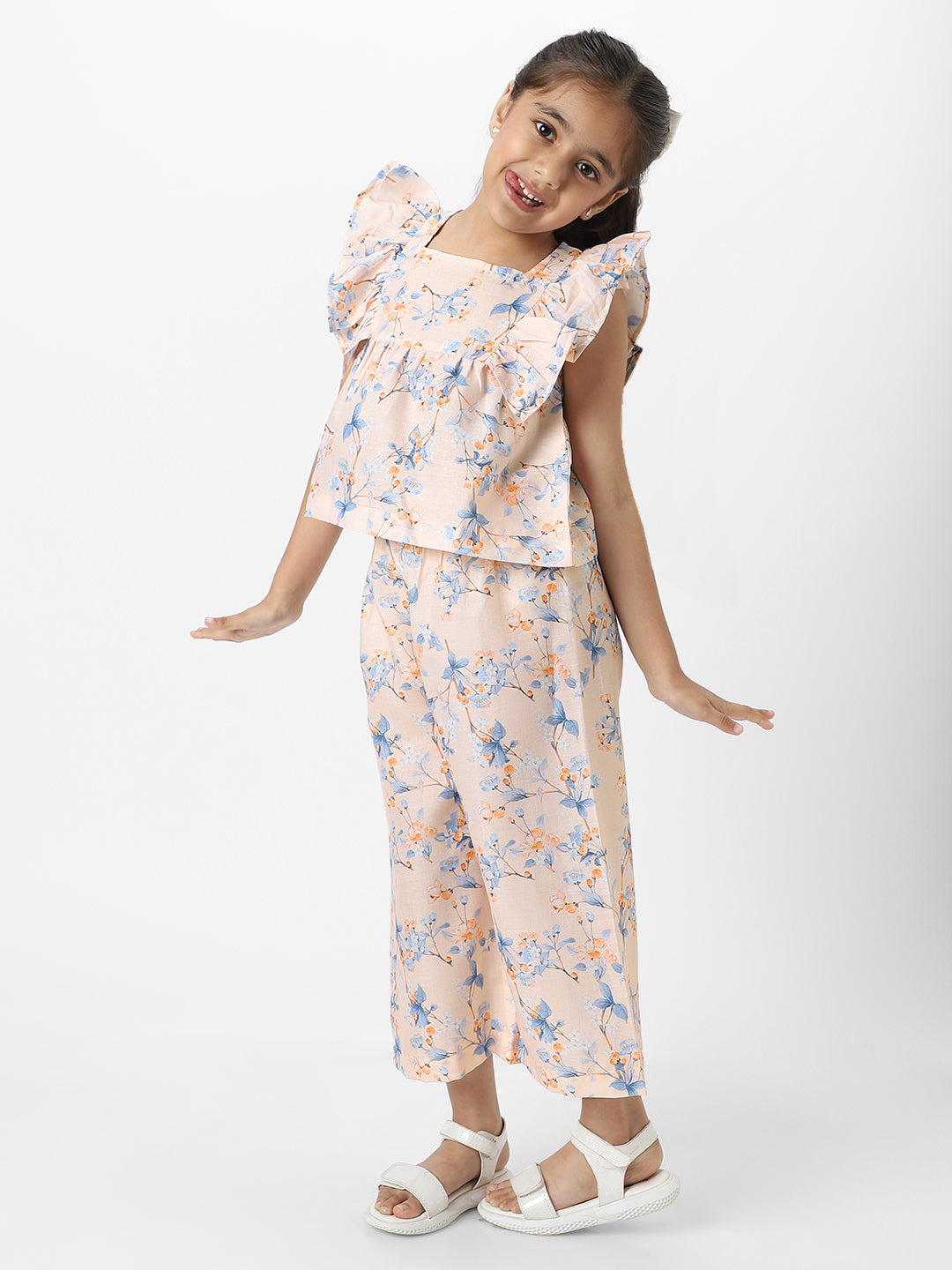 Nautinati Girls' Peach Linen Combo Set of Floral Printed Frill Sleeve Top and Matching Full Length Bottom