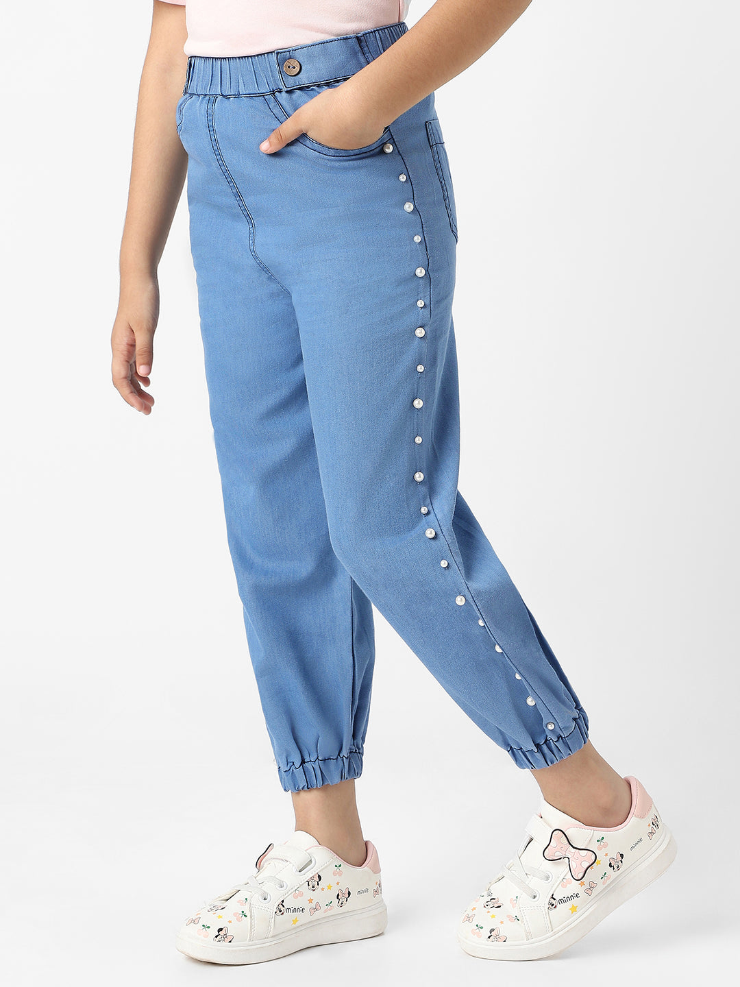 Nautinati Girls' Cotton Denim Jogger Jeans with Pearl Sequins