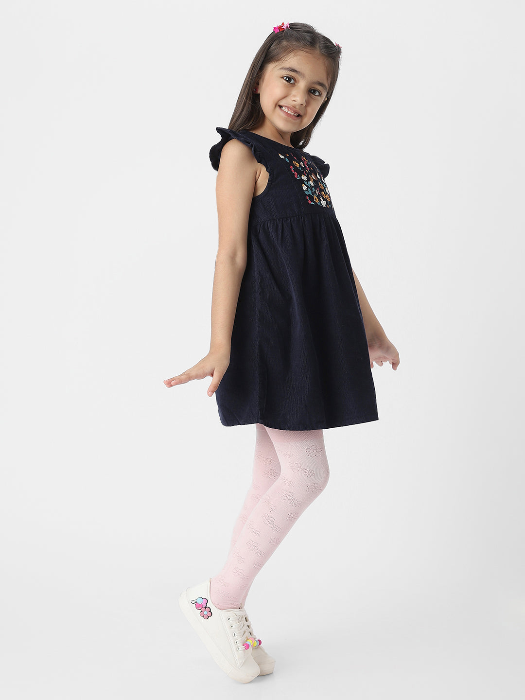 FLORAL EMBROIDERD FLUTTER SLEEVED DRESS