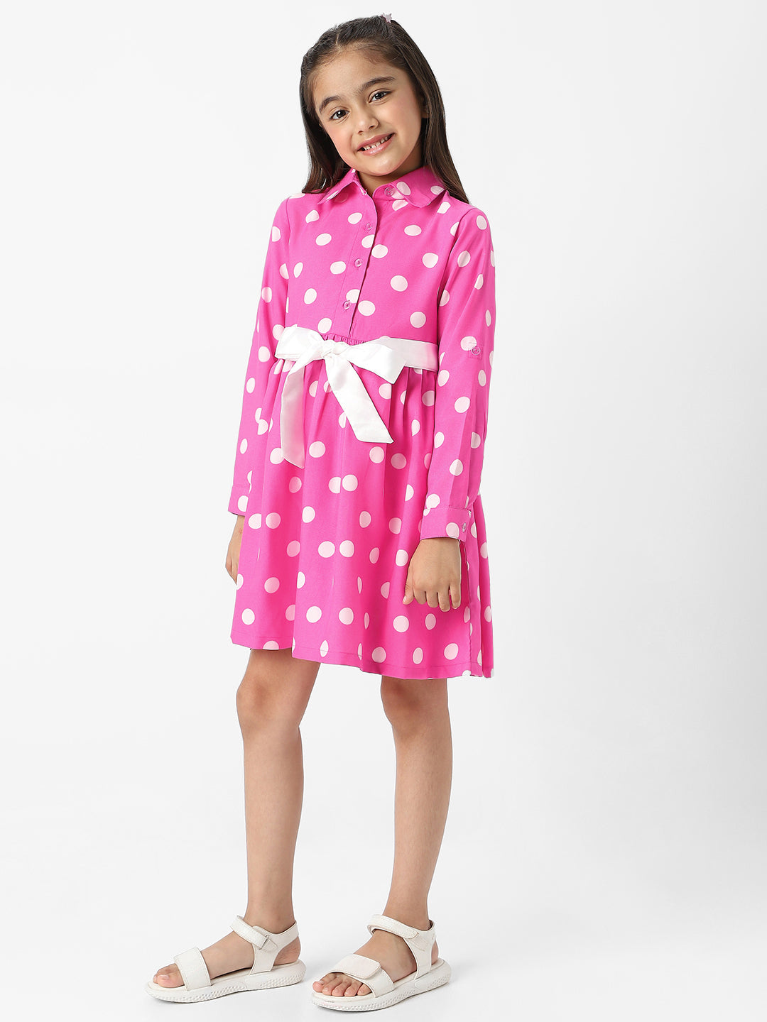 Nautinati Girls Polka Printed Shirt Dress with Satin Tie-up