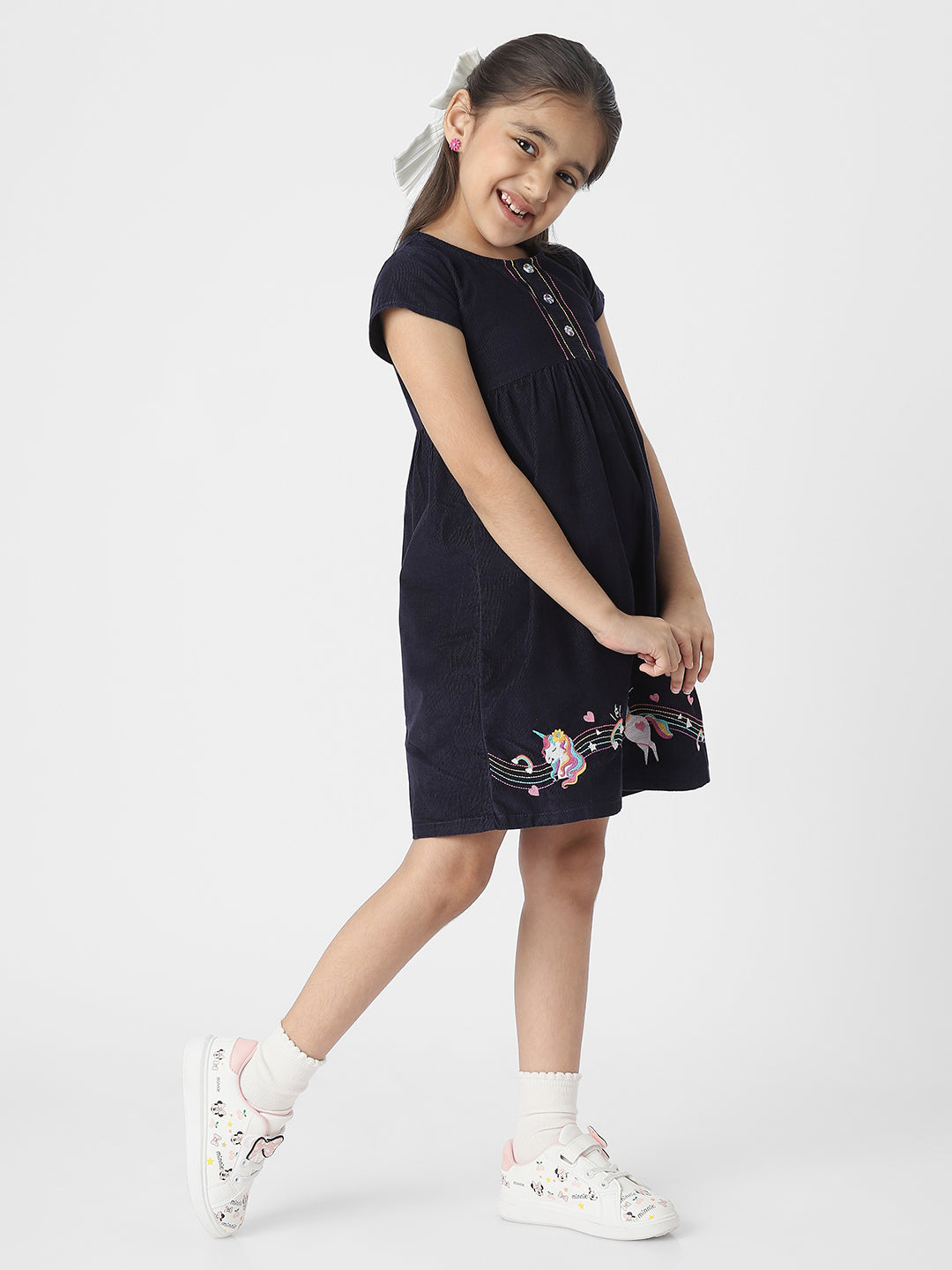 UNICORN EMBROIDERD FIT & FLARED CORDUROY DRESS