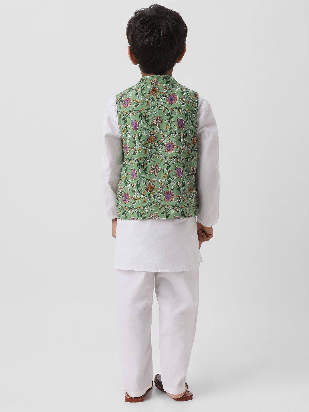 Nautinati Boys White Cotton Full Sleeve Kurta-Pyjama with Floral Jaipur Print Nehru Jacket