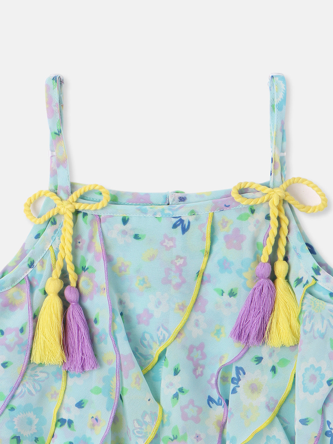 Nautinati Girls Georgette Floral Printed Waterfall Dress with Tassels Detail