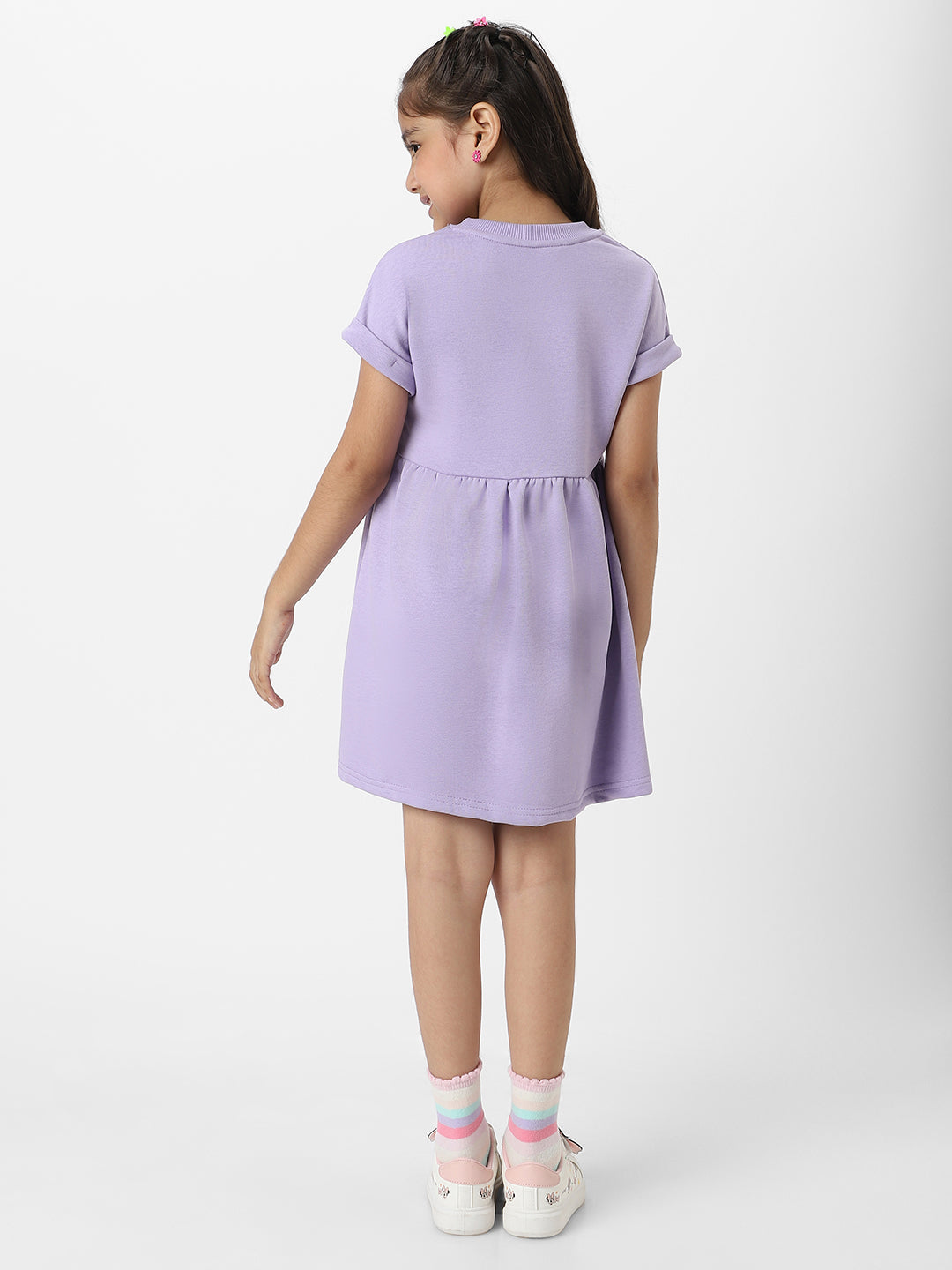 Nautinati Girls Lavender Cat Printed Kimono Sleeves A-Line Frock