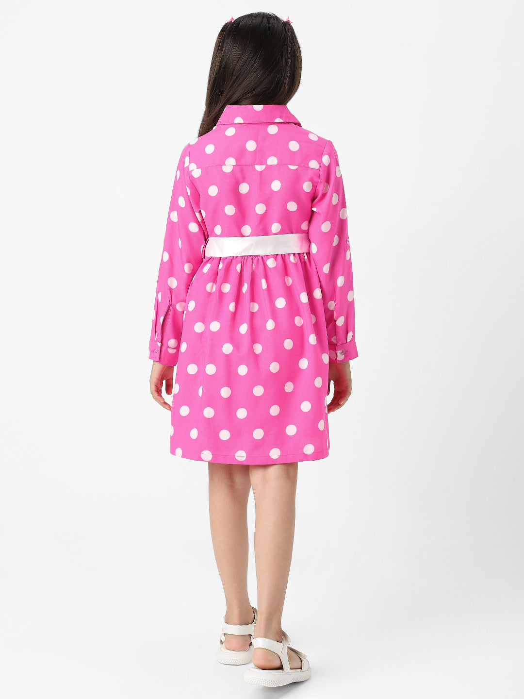 Nautinati Girls Polka Printed Shirt Dress with Satin Tie-up