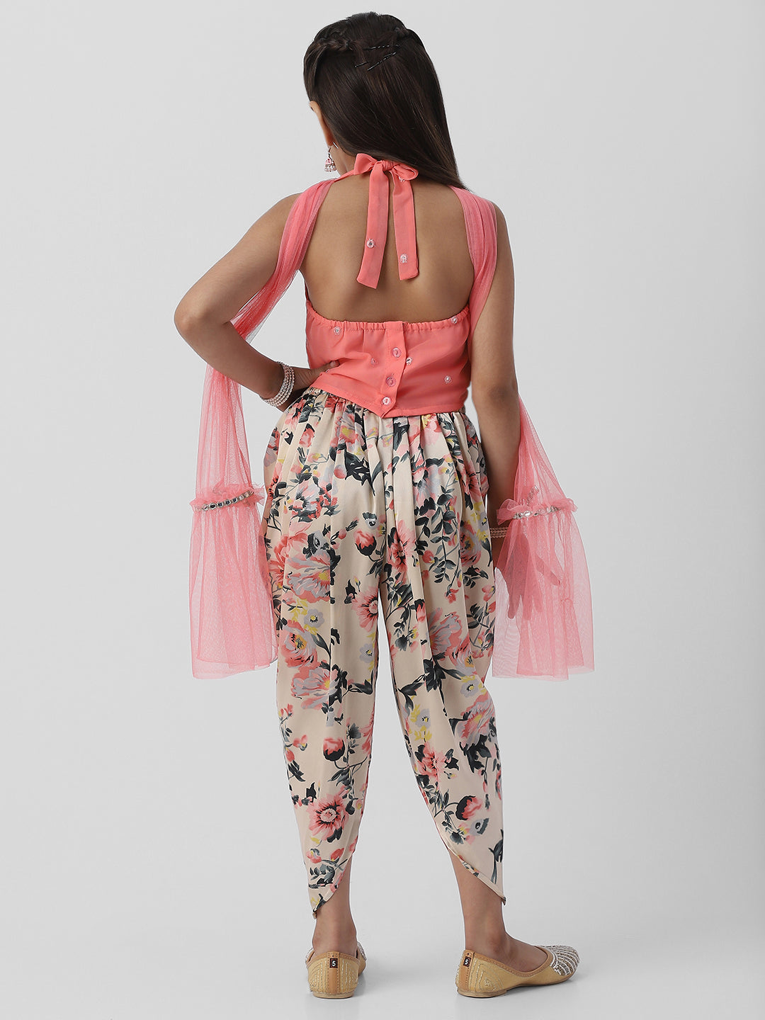Nautinati Girls Halter Neck Mirror Lace Top and Printed Patiala Pants with Net Dupatta