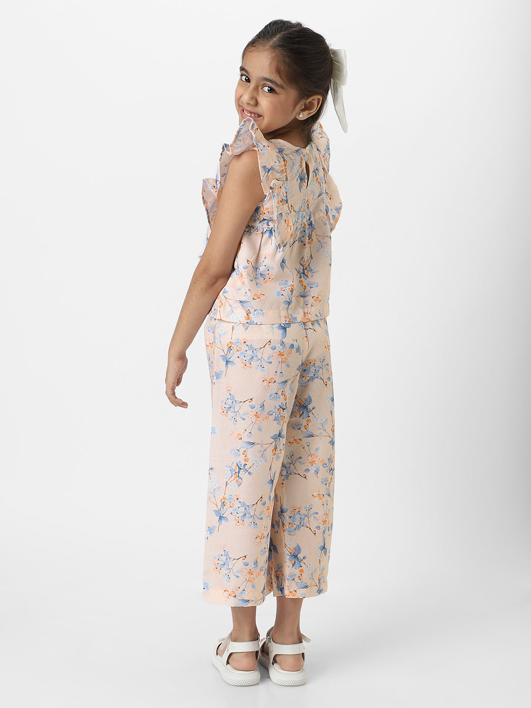 Nautinati Girls' Peach Linen Combo Set of Floral Printed Frill Sleeve Top and Matching Full Length Bottom