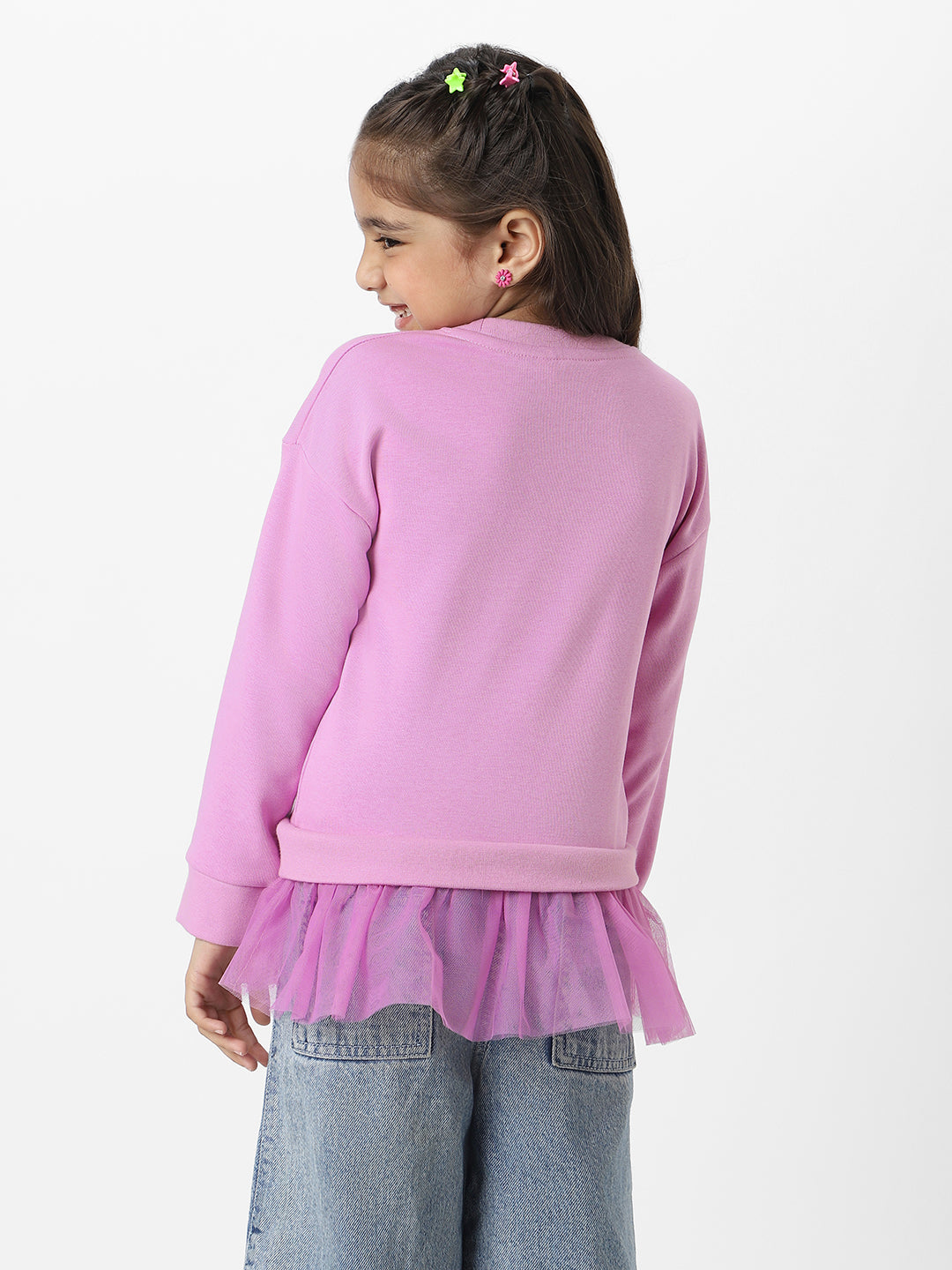 Nautinati Girls Heart Printed Round Neck Full Sleeves Sweatshirt With Frills