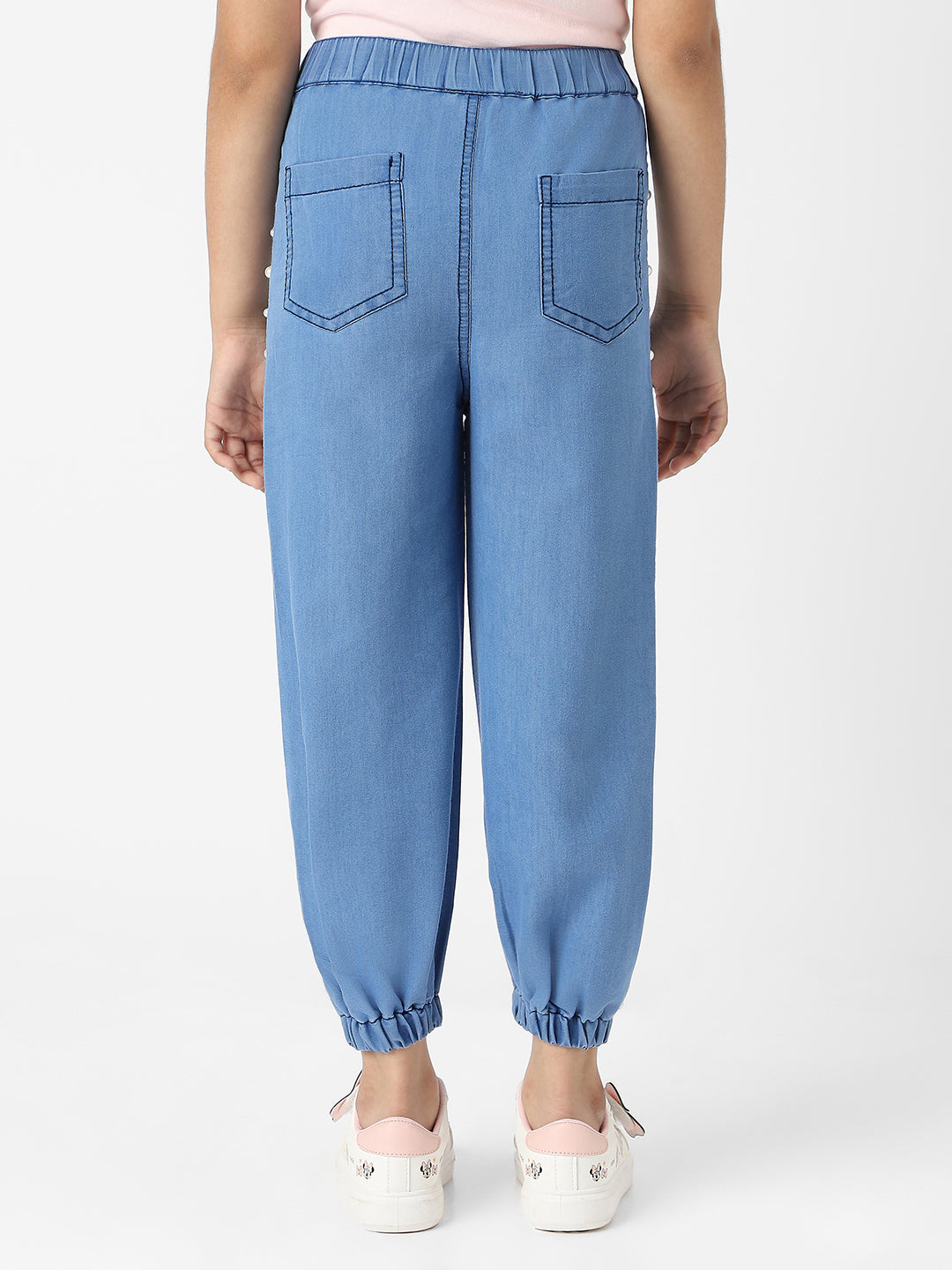 Nautinati Girls' Cotton Denim Jogger Jeans with Pearl Sequins