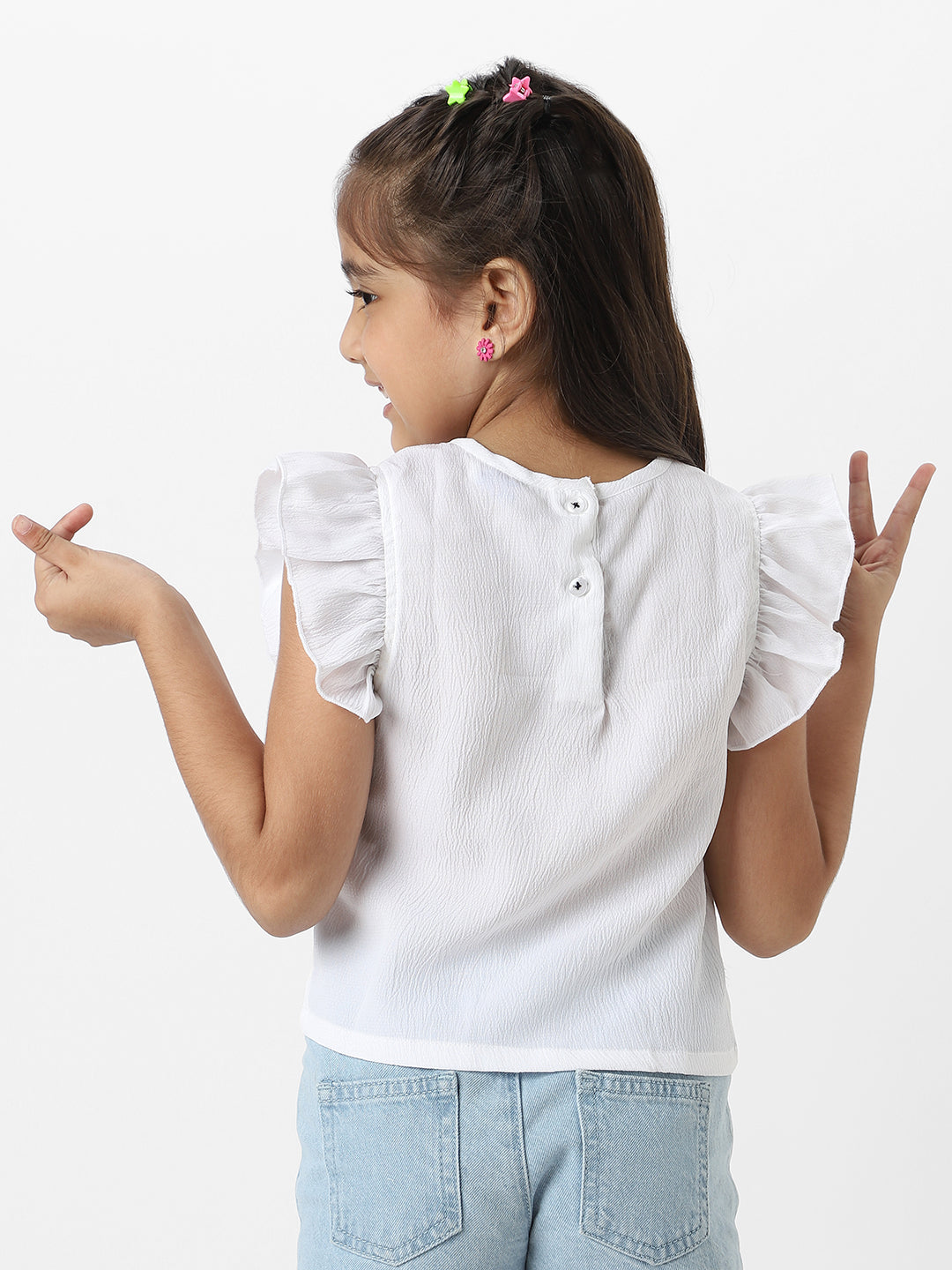 Nautinati Girls White Frill Sleeve Everyday Wear Crepe Top With Navy Heart Patch