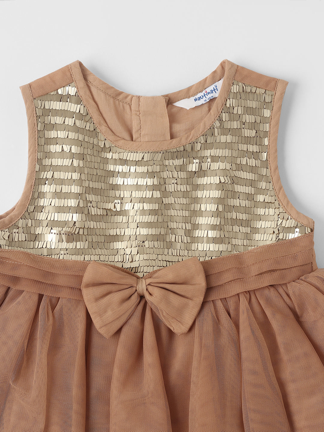 Nautinati Girls Mesh Sequins Party Wear Dress with Bow at Waistline