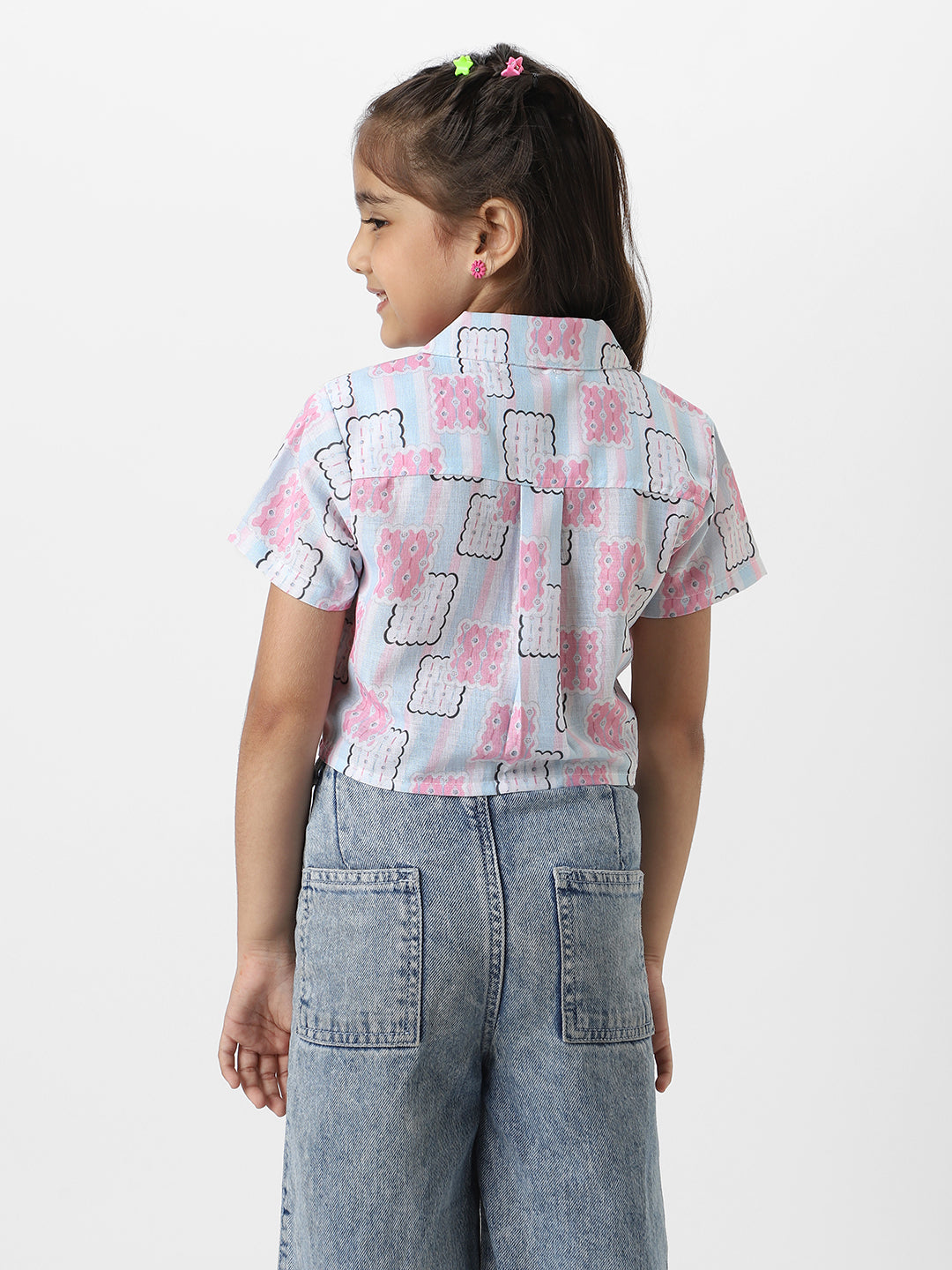 Nautinati Girls Pink And Blue Cotton Geometric Printed Everyday Wear Crop Shirt With Tie-Up Detail