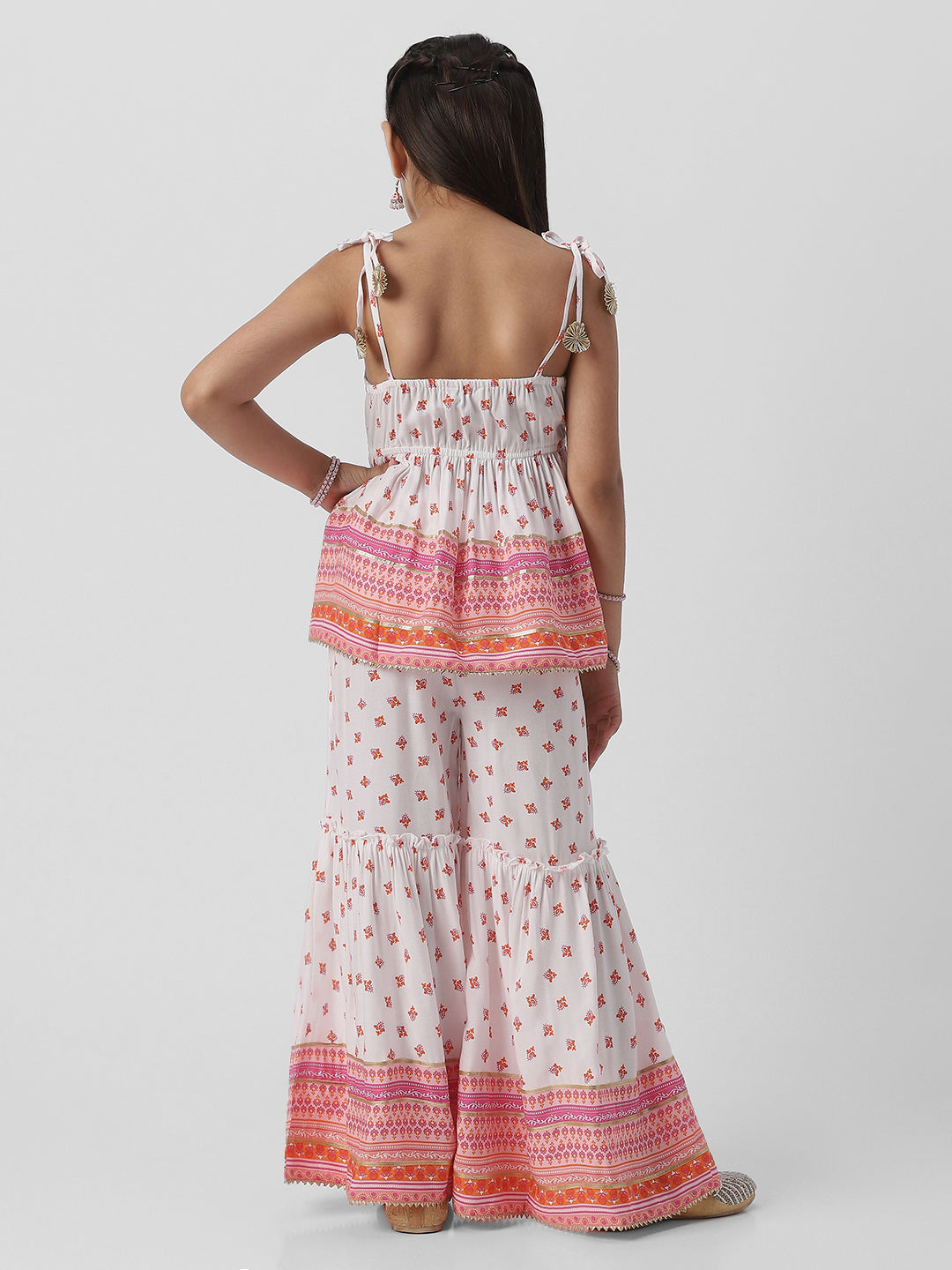 Nautinati Girls Block Print Fusion Set With Tassels, Gota Trims and Flared Silhouette