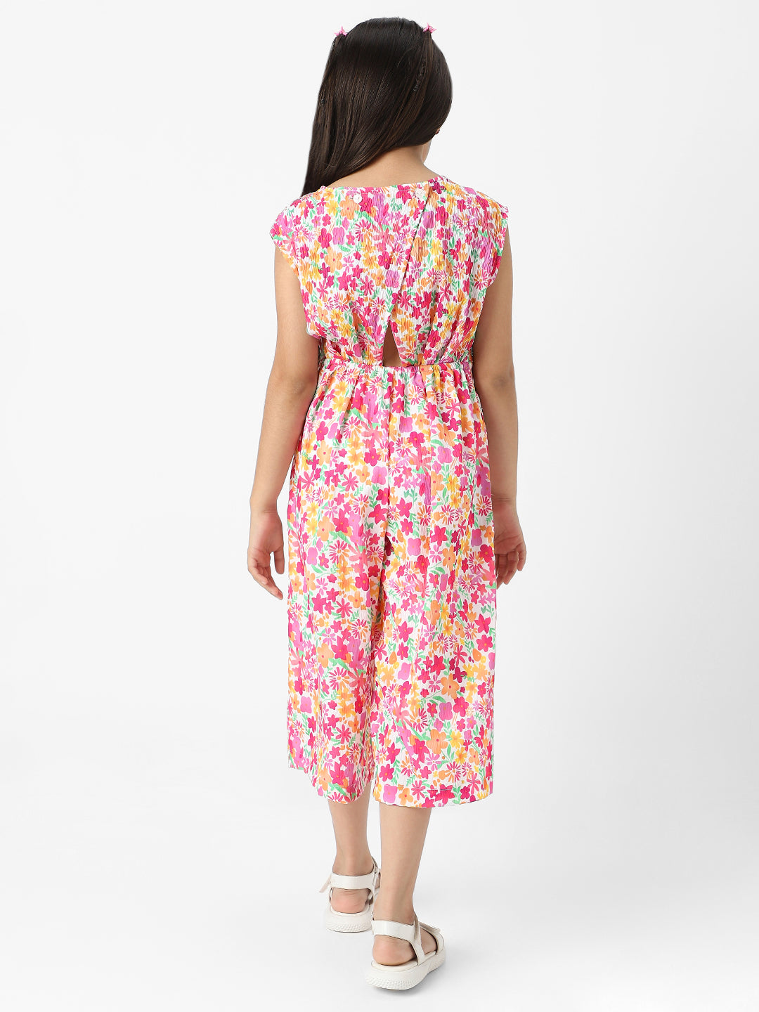 Nautinati Girls' Crepe Cotton Textured Fabric Floral Jumpsuit with Matching Tie-up Belt