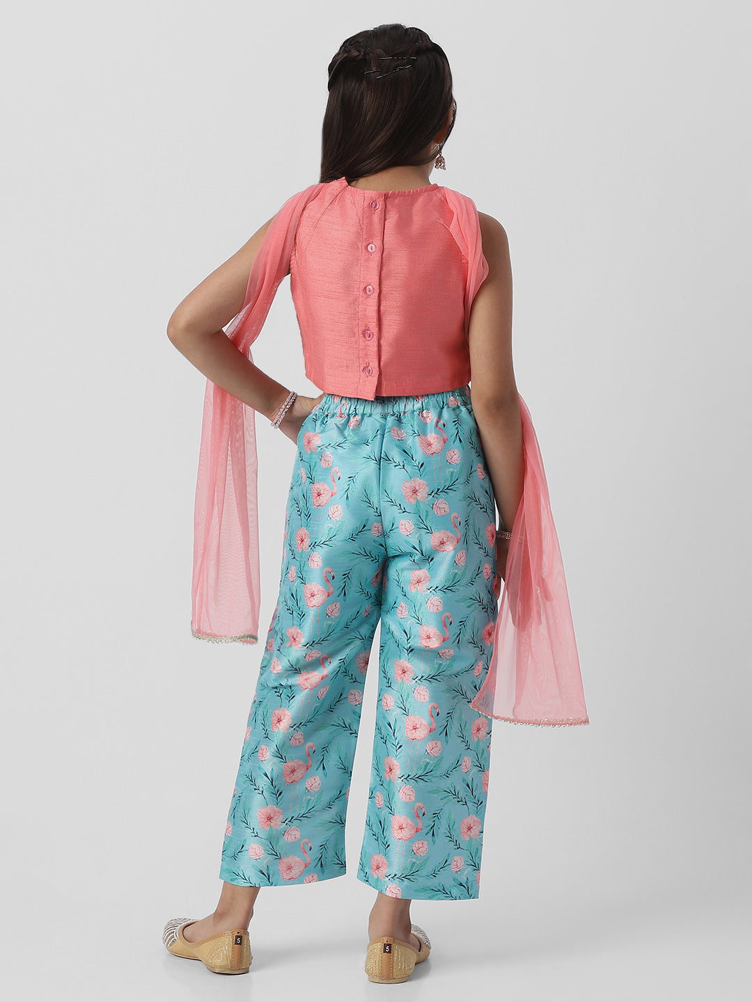 Nautinati Girls Striped Sleeveless Top and Printed Straight Pants with Net Dupatta