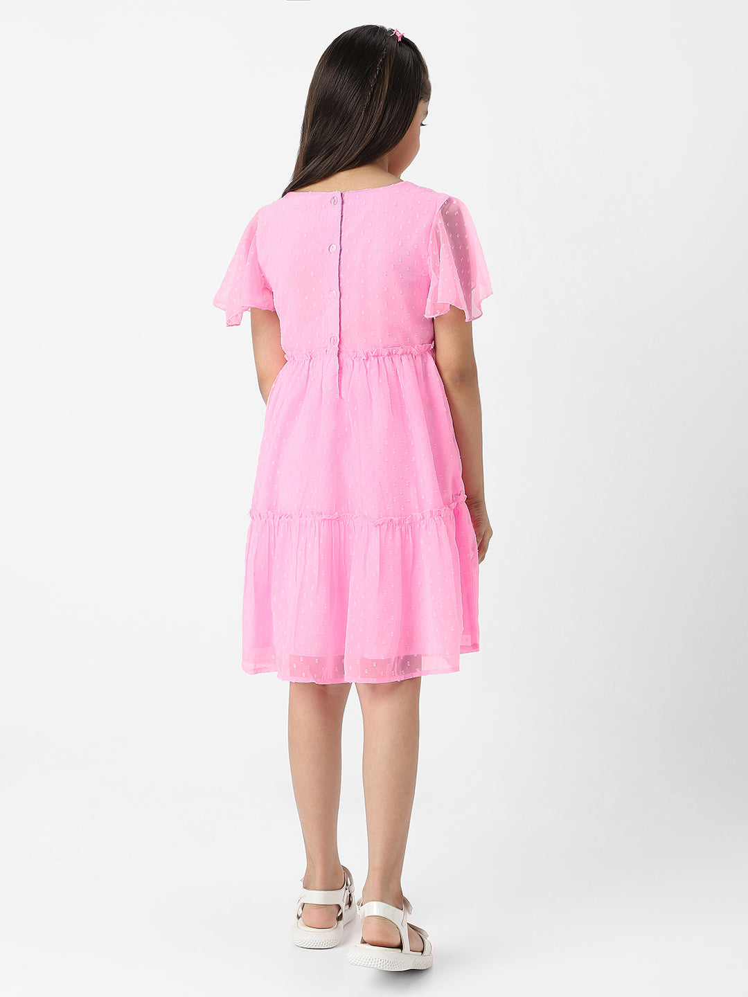 Nautinati Girls Textured Fabric Swiss Dot Tiered Dress