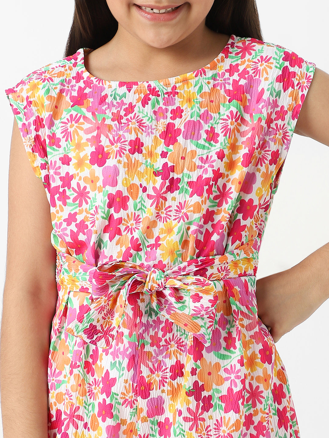 Nautinati Girls' Crepe Cotton Textured Fabric Floral Jumpsuit with Matching Tie-up Belt