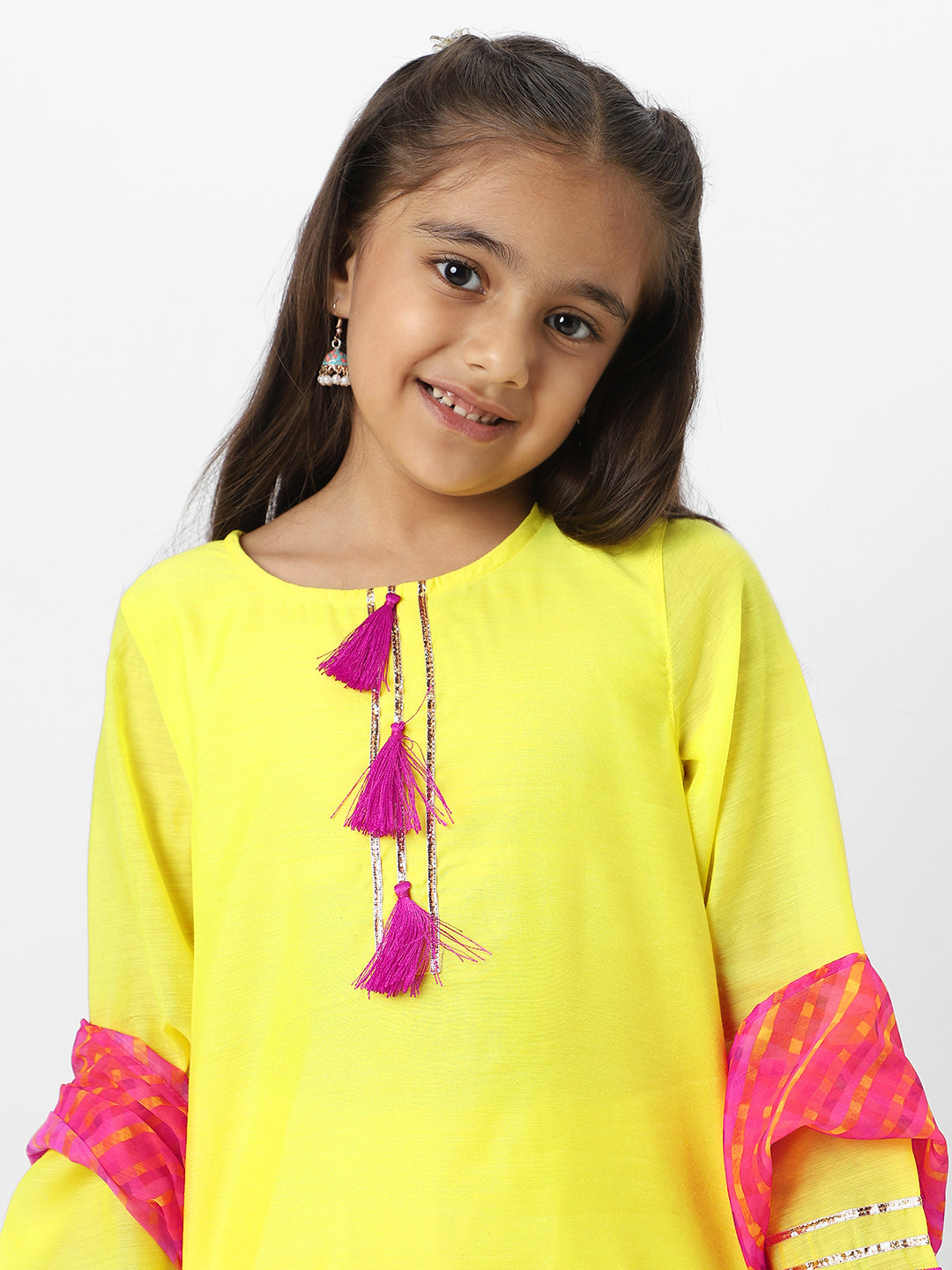 Nautinati Girls' Yellow Tassel Detail Occasion Wear Kurti Set With Printed Chiffon Dupatta