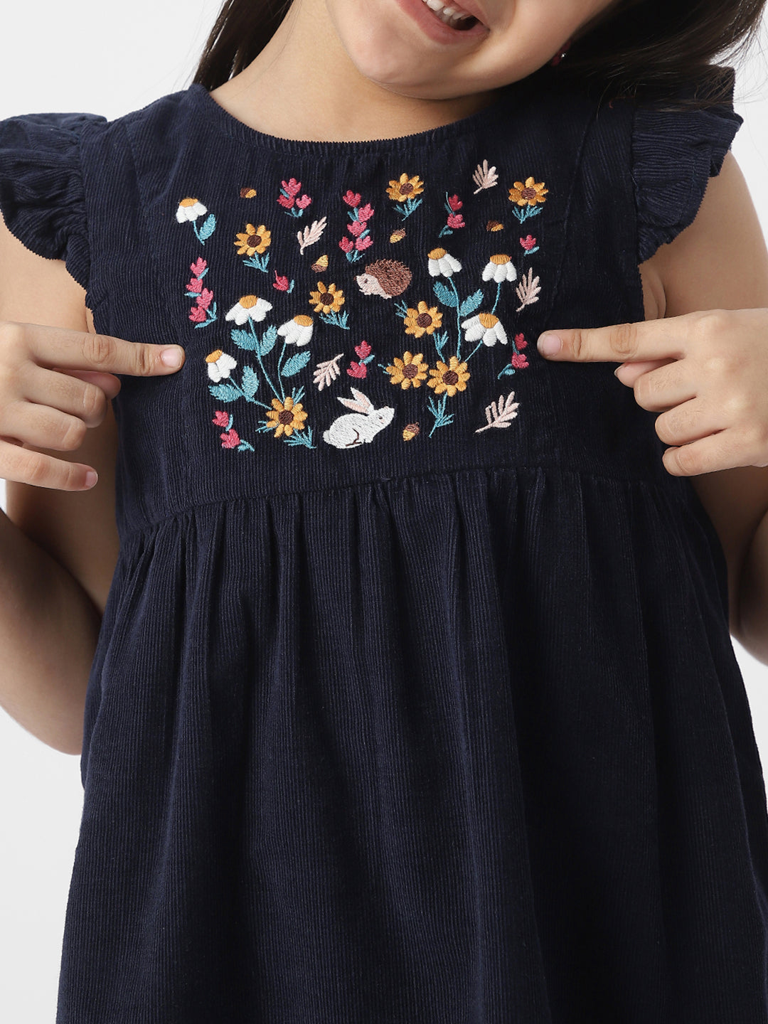 FLORAL EMBROIDERD FLUTTER SLEEVED DRESS