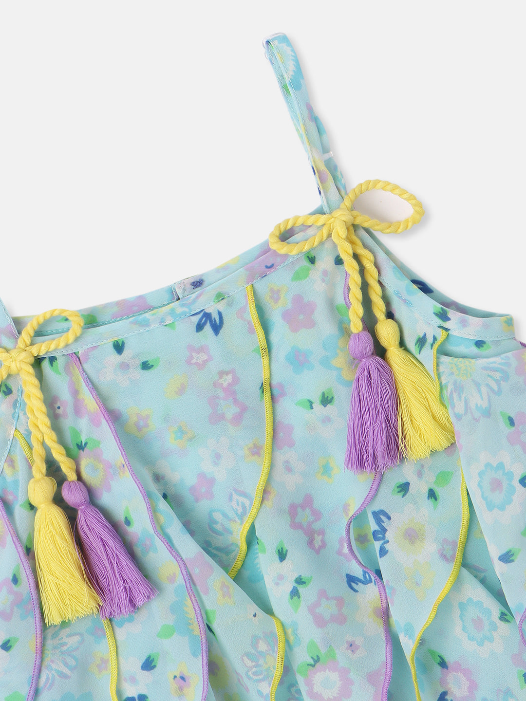 Nautinati Girls Georgette Floral Printed Waterfall Dress with Tassels Detail