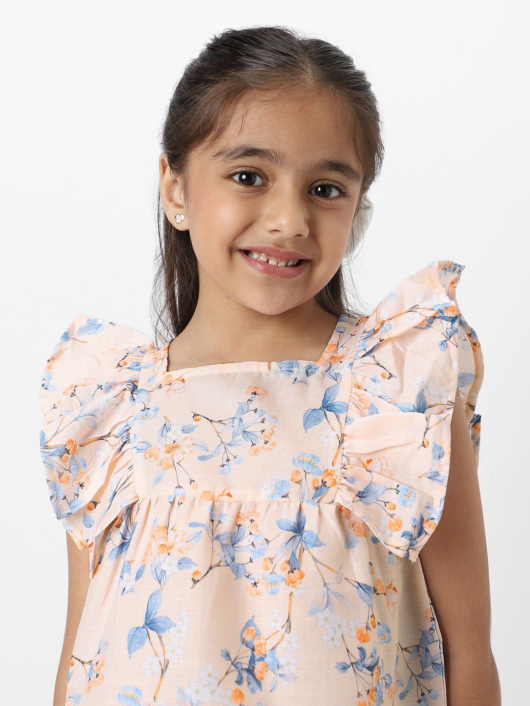 Nautinati Girls' Peach Linen Combo Set of Floral Printed Frill Sleeve Top and Matching Full Length Bottom