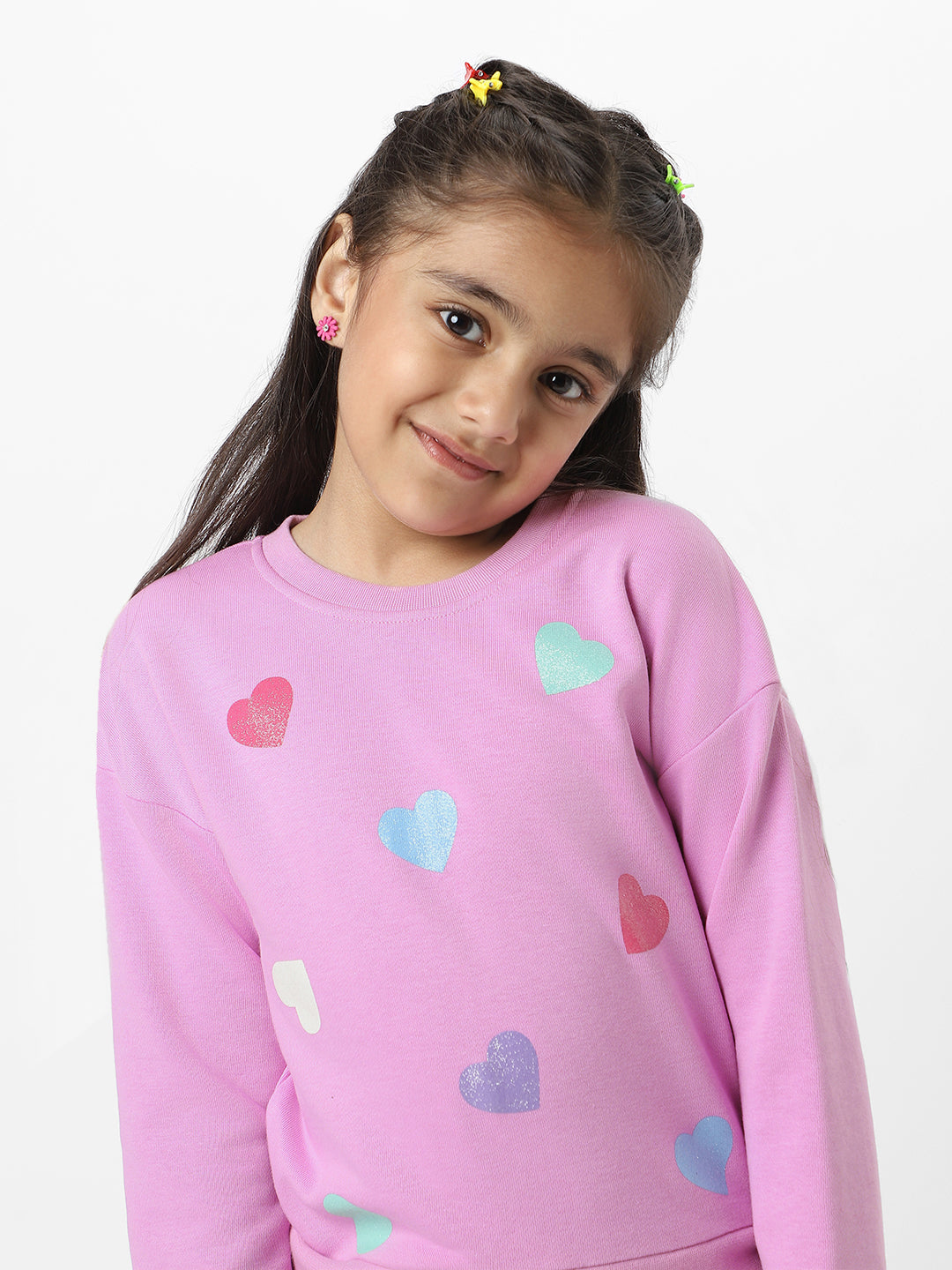 Nautinati Girls Heart Printed Round Neck Full Sleeves Sweatshirt With Frills