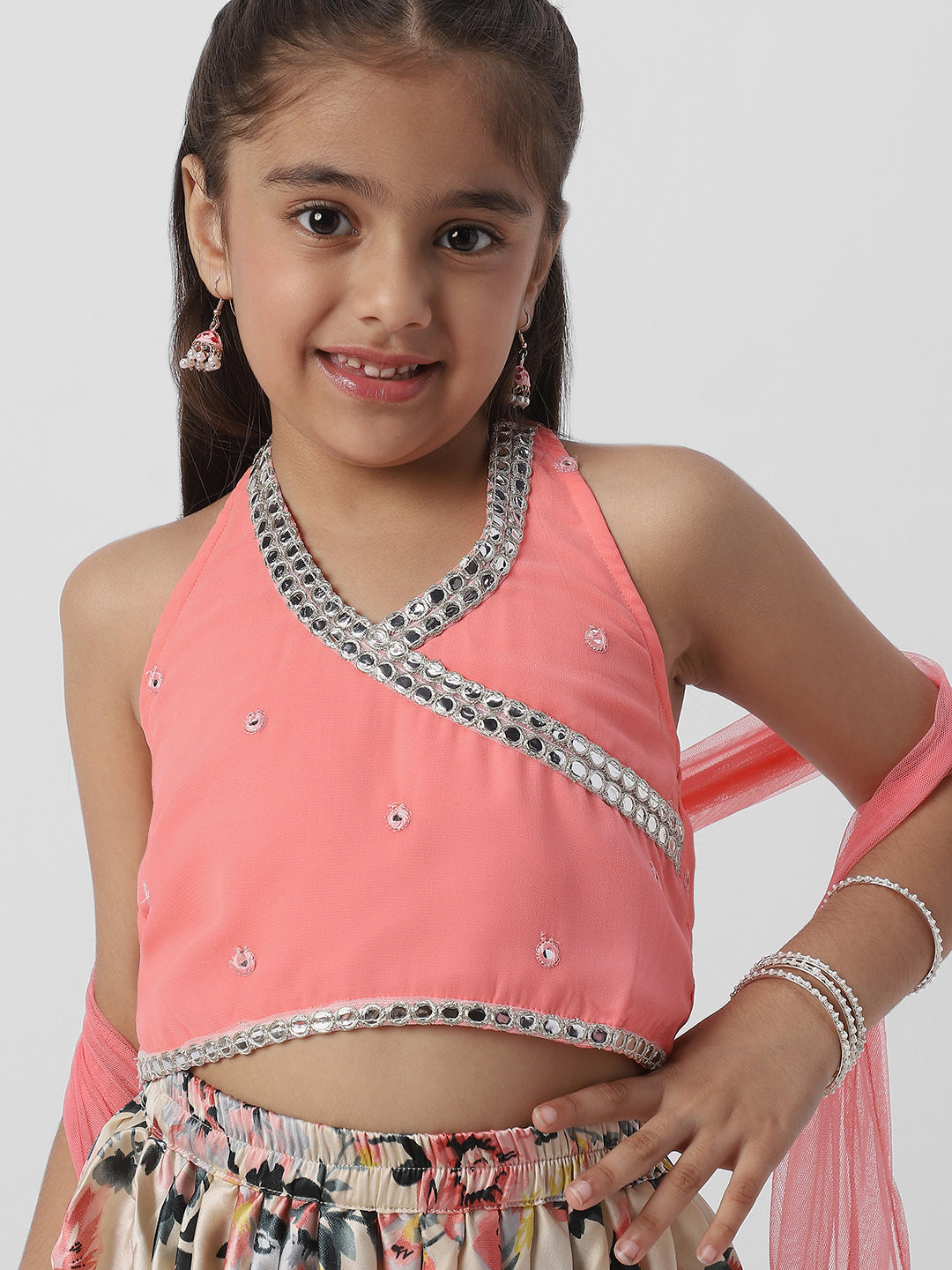 Nautinati Girls Halter Neck Mirror Lace Top and Printed Patiala Pants with Net Dupatta