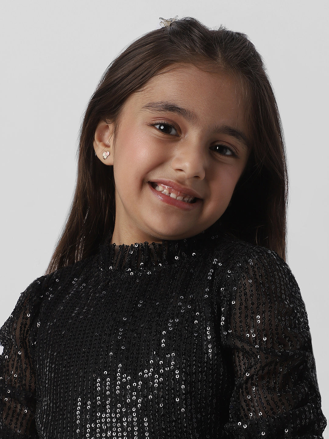 Nautinati Girls Frilled Neckline Stylised Sleeve Sequin Partywear Combo Set of Top and Skirt