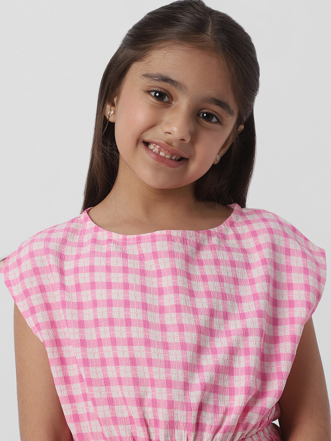 Nautinati Girls Cotton Textured Fabric Gingham Checked Jumpsuit with Bow Detail