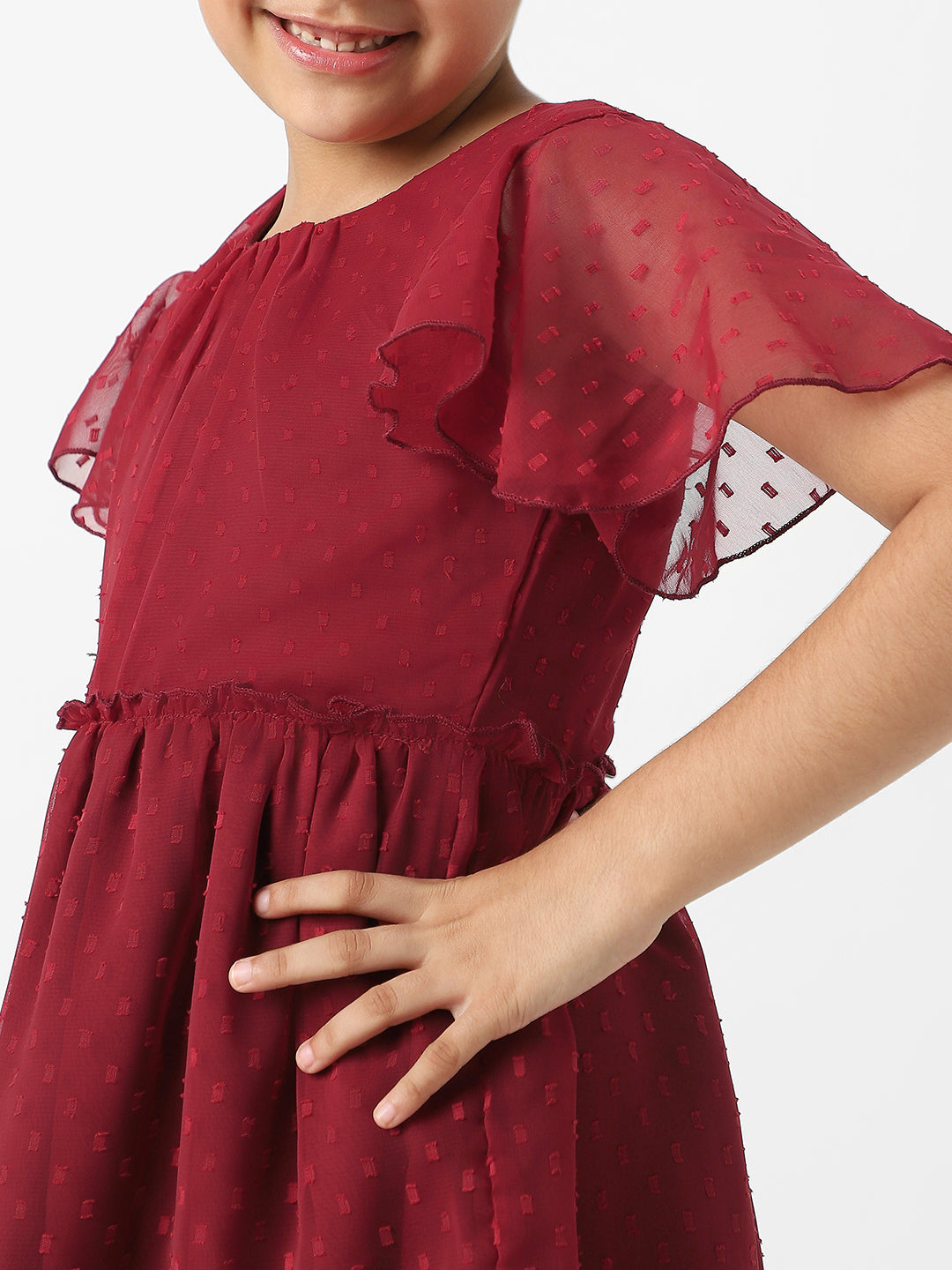 Nautinati Girls Textured Fabric Swiss Dot Tiered Dress