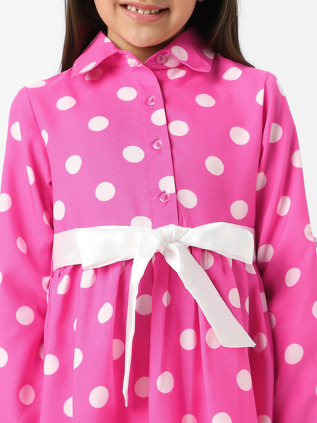 Nautinati Girls Polka Printed Shirt Dress with Satin Tie-up