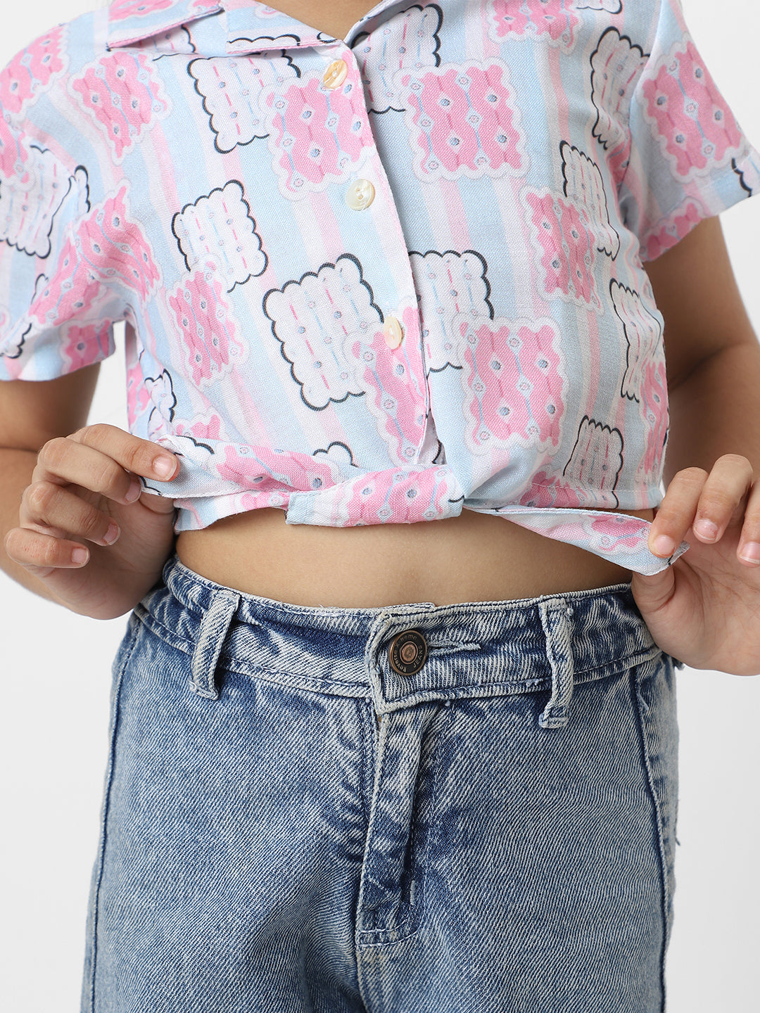 Nautinati Girls Pink And Blue Cotton Geometric Printed Everyday Wear Crop Shirt With Tie-Up Detail
