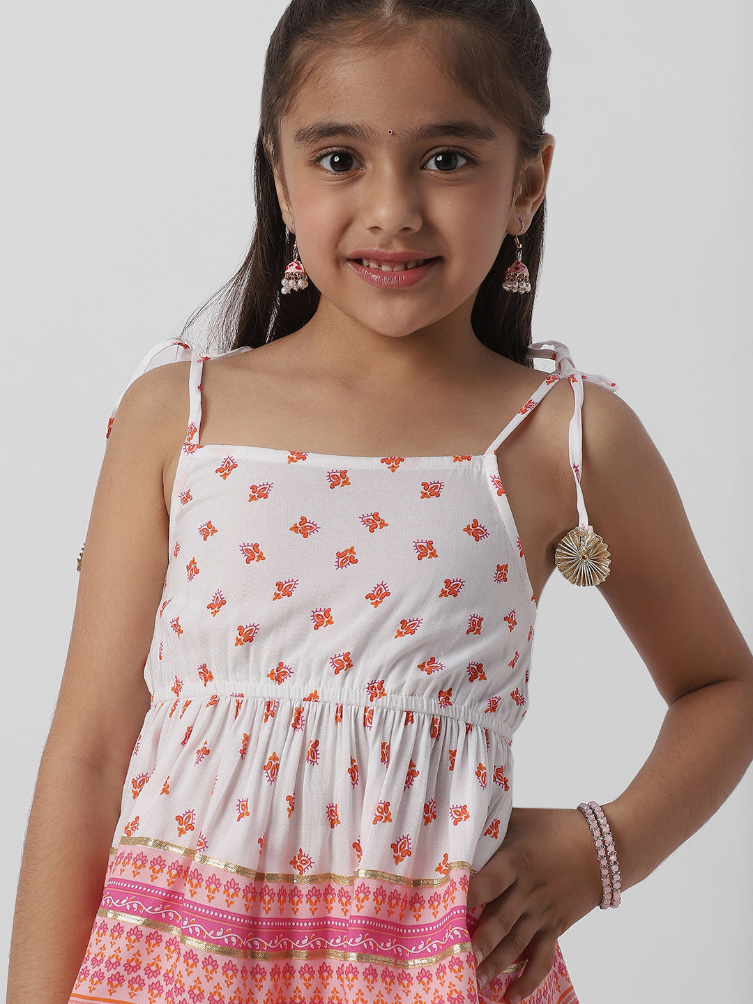 Nautinati Girls Block Print Fusion Set With Tassels, Gota Trims and Flared Silhouette