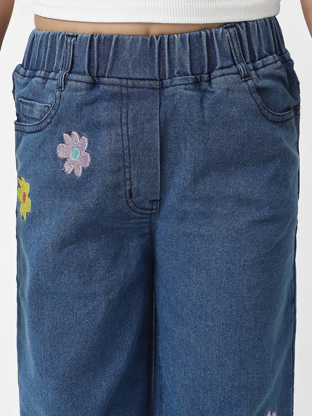 Nautinati Girls' Cotton Denim Jeans with Little Flower Appliques