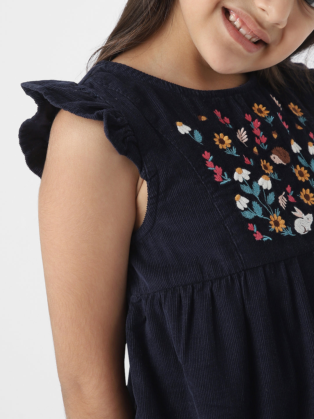 FLORAL EMBROIDERD FLUTTER SLEEVED DRESS