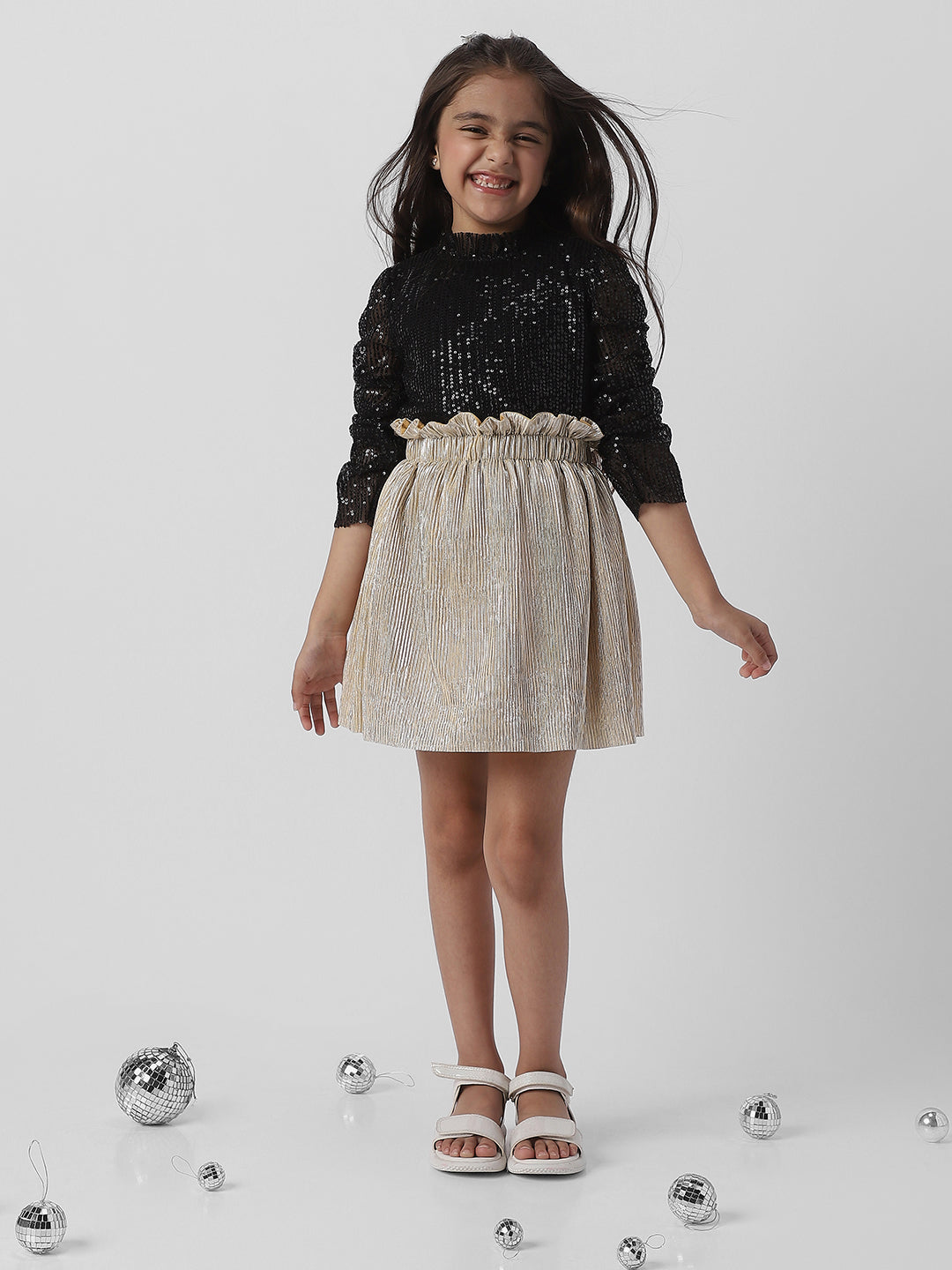 Nautinati Girls Frilled Neckline Stylised Sleeve Sequin Partywear Combo Set of Top and Skirt