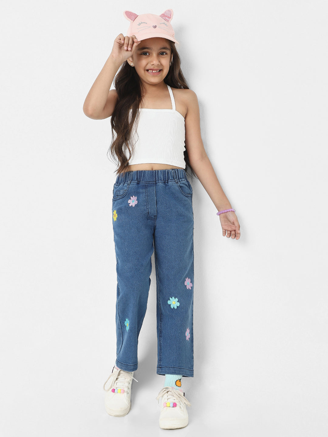 Nautinati Girls' Cotton Denim Jeans with Little Flower Appliques