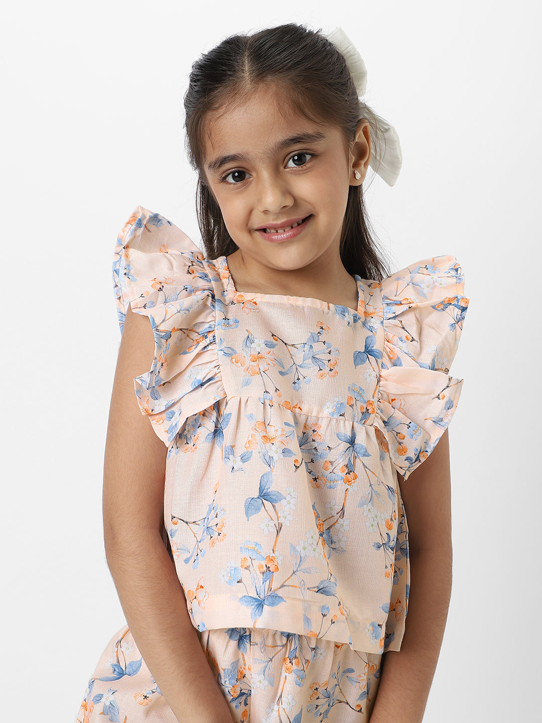 Nautinati Girls' Peach Linen Combo Set of Floral Printed Frill Sleeve Top and Matching Full Length Bottom