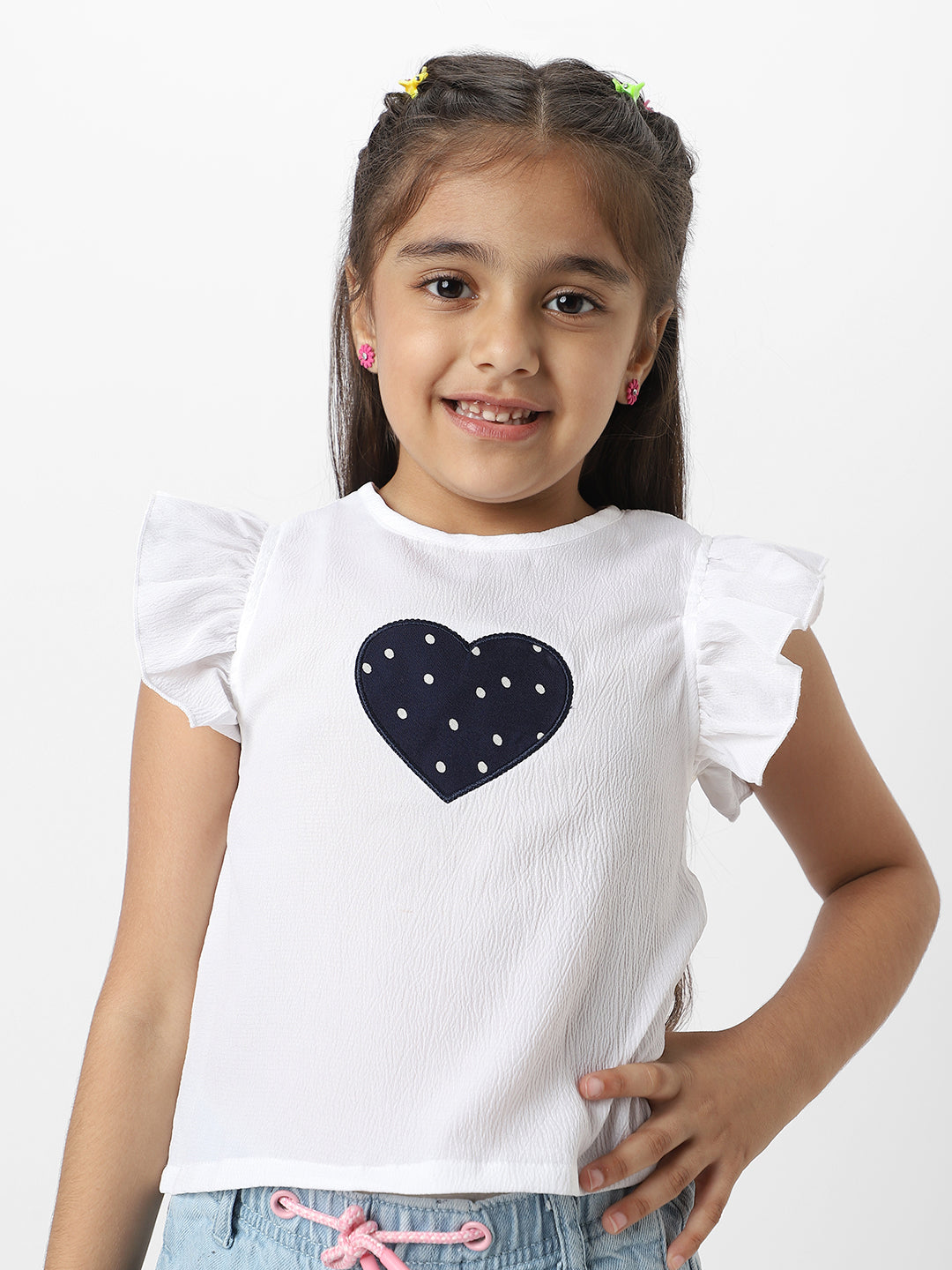 Nautinati Girls White Frill Sleeve Everyday Wear Crepe Top With Navy Heart Patch