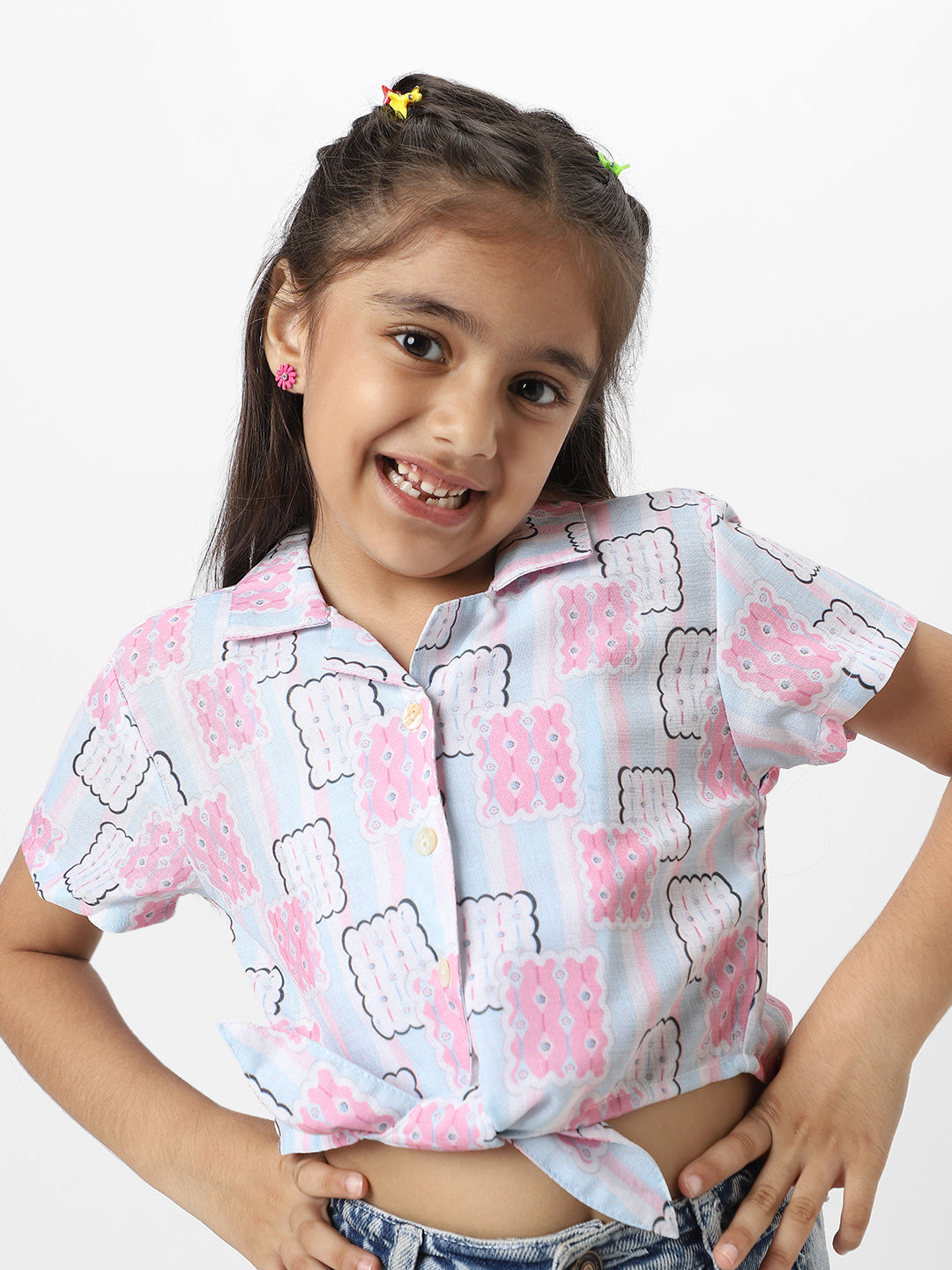 Nautinati Girls Pink And Blue Cotton Geometric Printed Everyday Wear Crop Shirt With Tie-Up Detail