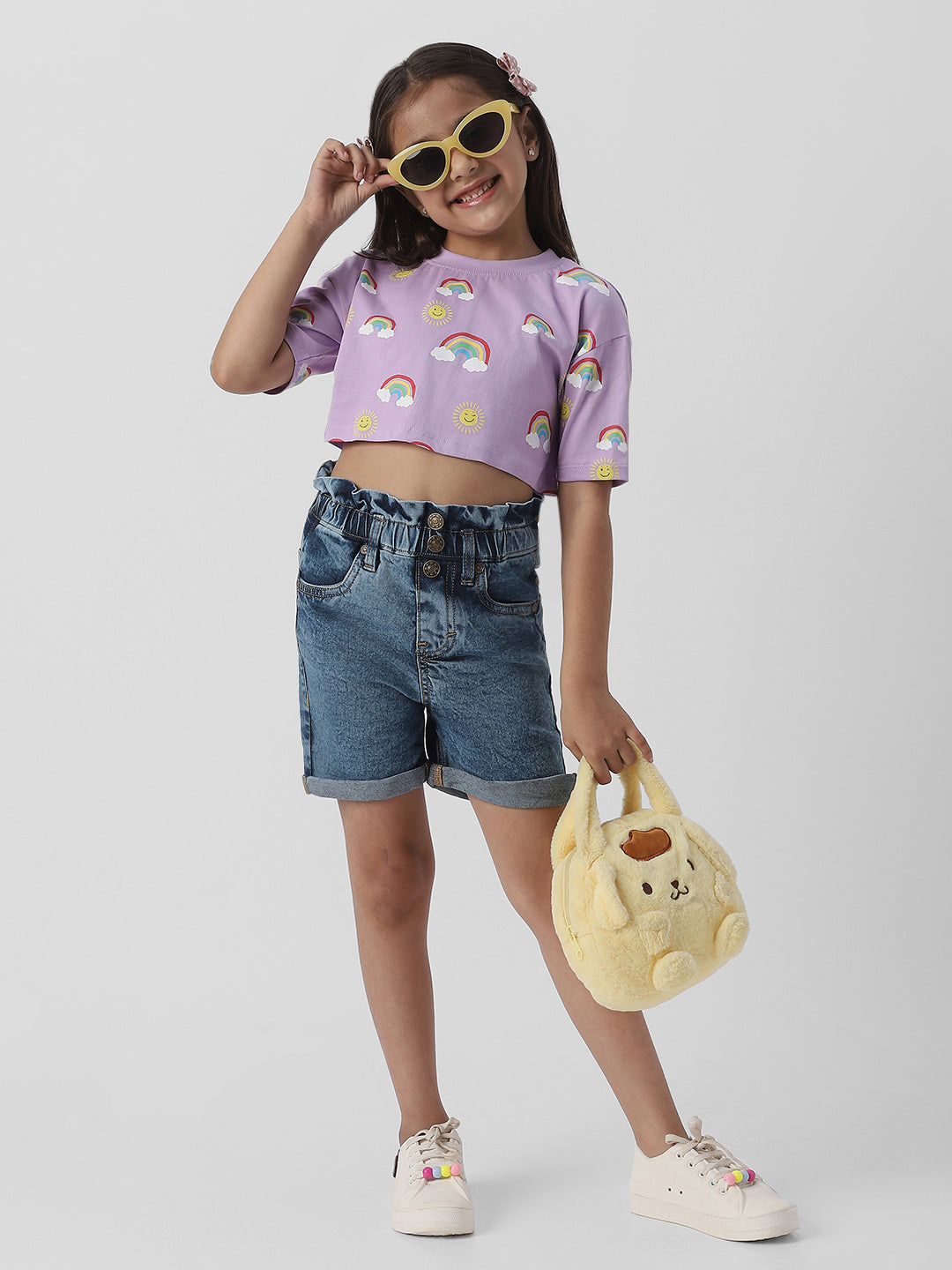 Nautinati Girls Cotton Combo Set of Crop Top and Denim Shorts
