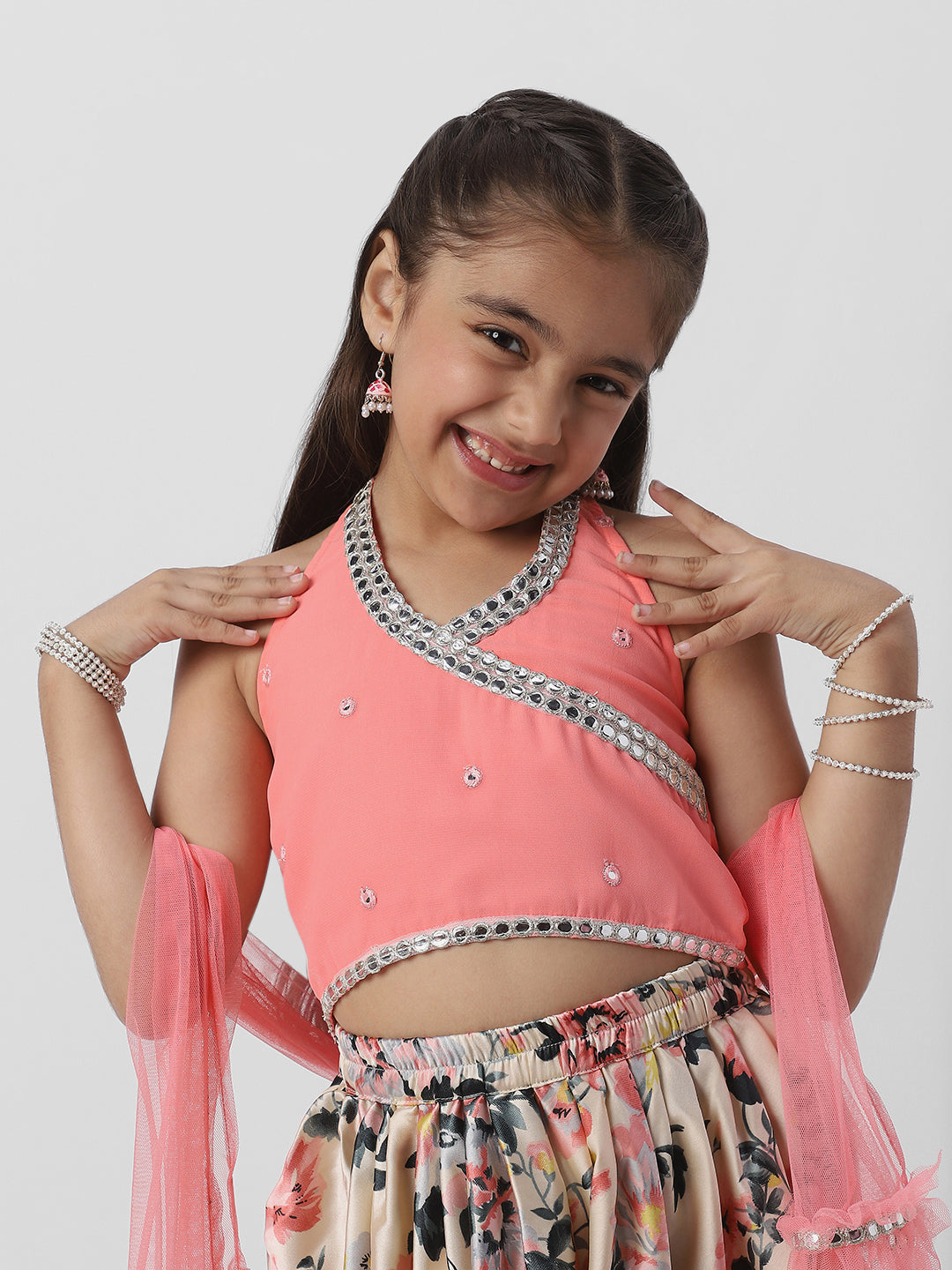 Nautinati Girls Halter Neck Mirror Lace Top and Printed Patiala Pants with Net Dupatta