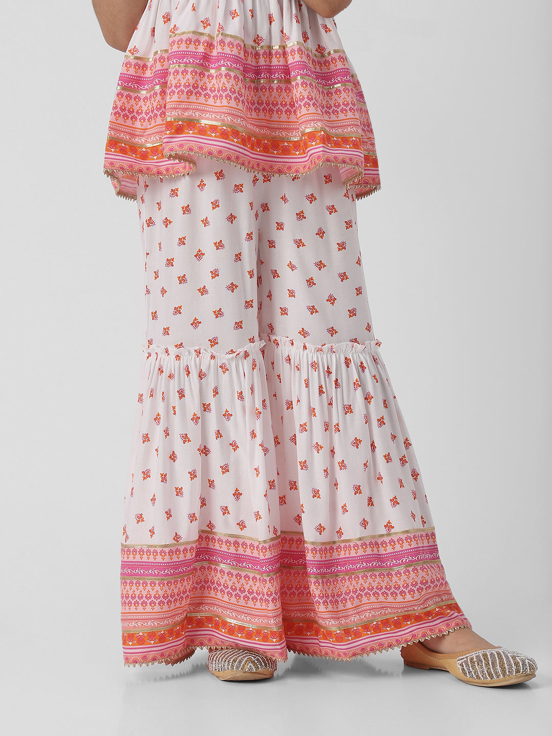 Nautinati Girls Block Print Fusion Set With Tassels, Gota Trims and Flared Silhouette