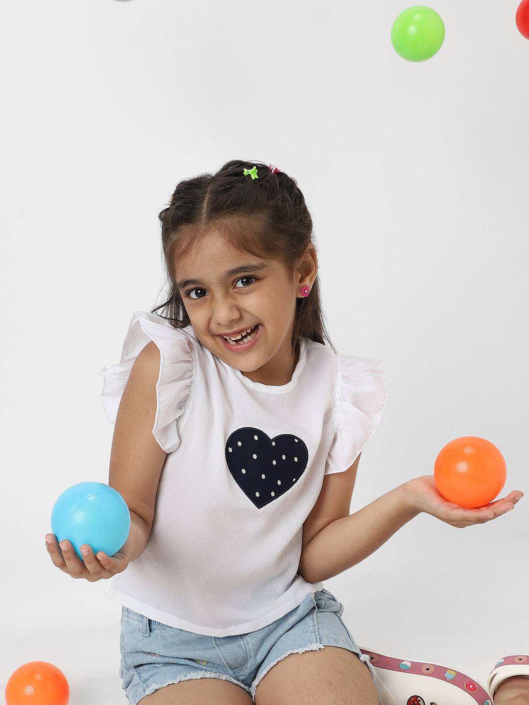 Nautinati Girls White Frill Sleeve Everyday Wear Crepe Top With Navy Heart Patch